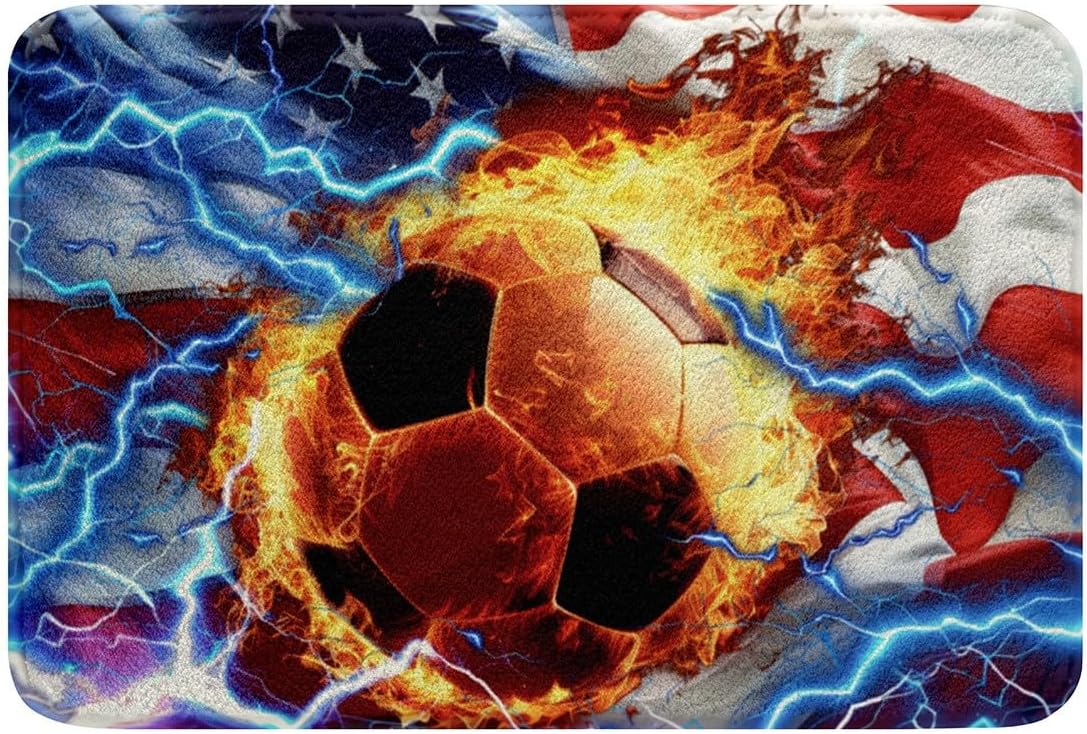 Feelyou 3D Soccer Ball Non Slip Bath Mat Ball Games Sports Polyester Bath Rug for Kids Boys Girls Retro USA Flag Soft Fleece Door Carpet American Flag Bathroom Floor Indoor Doormat,16x24 Inch