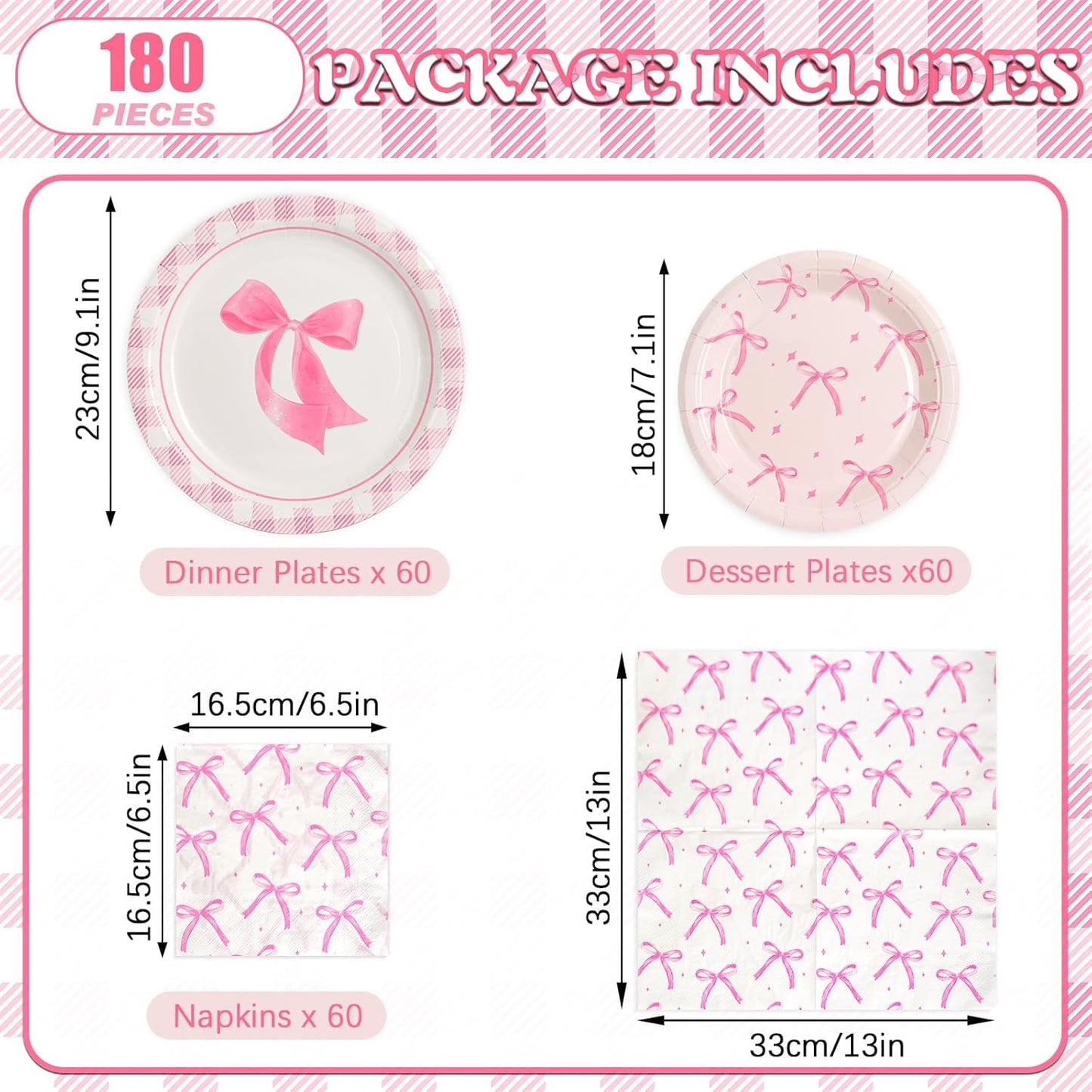 180Pcs Pink Bow Party Supplies Paper Plates and Napkins Serve 60 Disposable Tableware Set for Birthday Party Decorations Game Day Family School Holiday Sports Events