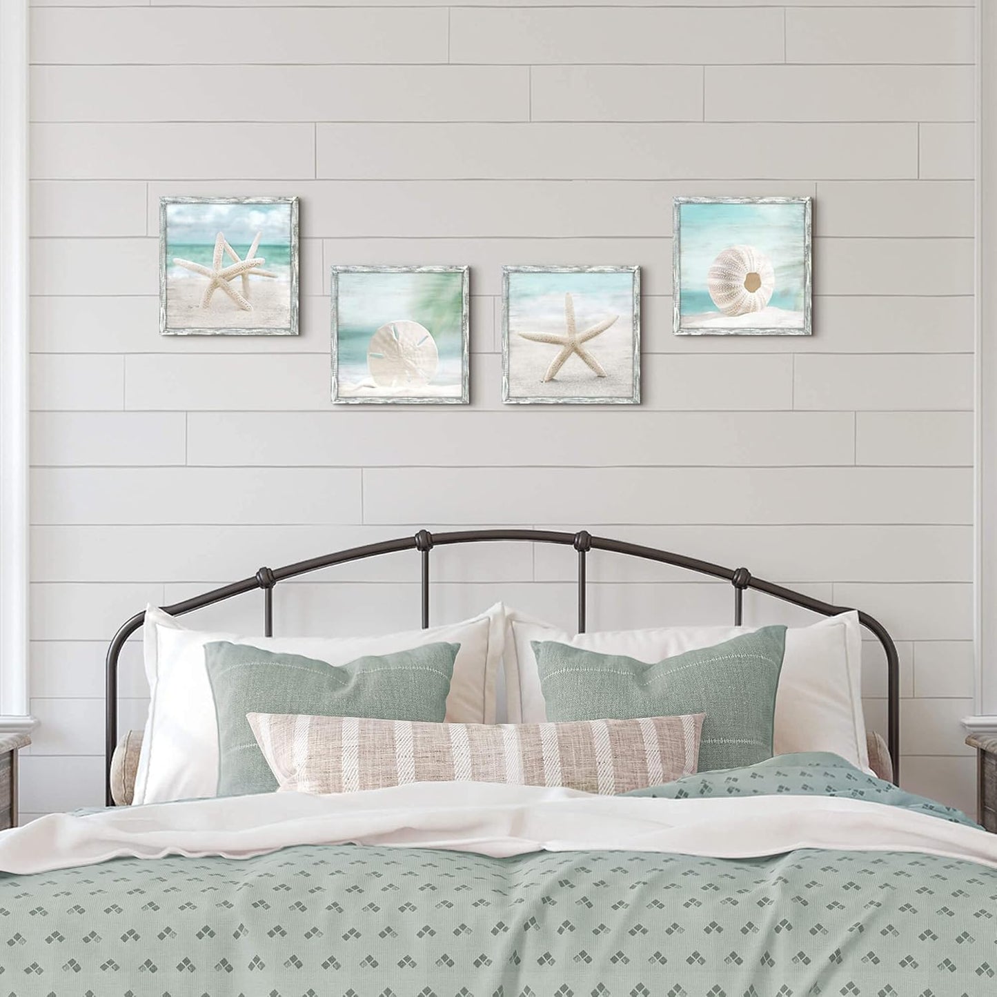 Beach Framed Wooden Wall Art: Ocean Artwork Set of 4 Starfish Seashell & Sand Dollar Pictures Prints Seascape Wall Decor for Bedroom