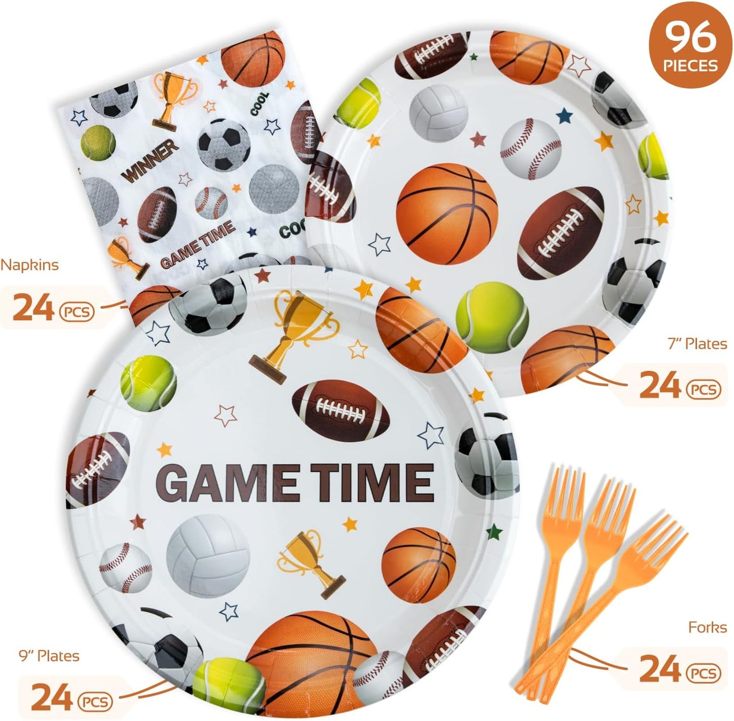 Sports Party Decorations - All-Star Sports Themed Birthday Party Tableware Set Includes Plates, Napkins, Forks, Dinnerware Kit for Baseball, Soccer, Basketball, Tennis, Football Games | Serve 24