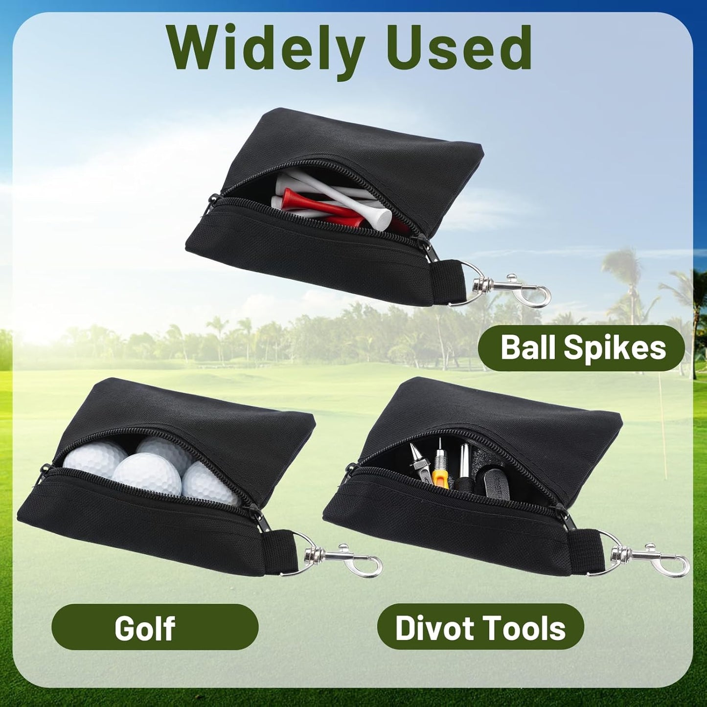 DIVINA VITAE 2 Pcs Golf Tee Bag Pouch 5.5 X 6.7 Inch Zipper Golf Tee Pouch with Metal Lobster Claw Clip Valuables Gift Accessory Storage Bag for Men Women