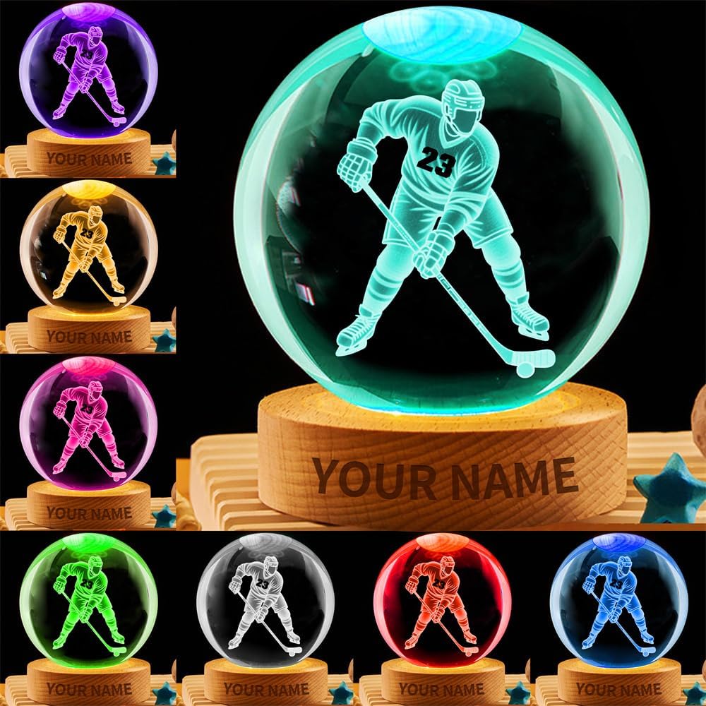 Personalized Ice Hockey Crystal Night Light Gift for Men Women, Custom Name/Number Hockey Player 3D Crystal Ball Night Light Lamp for Bedroom Room Sports Decor Party Bar Christmas Birthday Gift