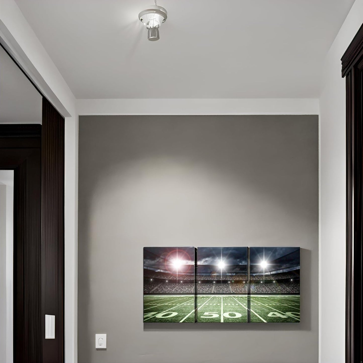 American Football Large Artwork Dorm Kids Room Canvas Wall Art Green Spotlight Rugby Field Match Sport Picture for Boy Bedroom Playroom Wall Décor Framed 16x24inch