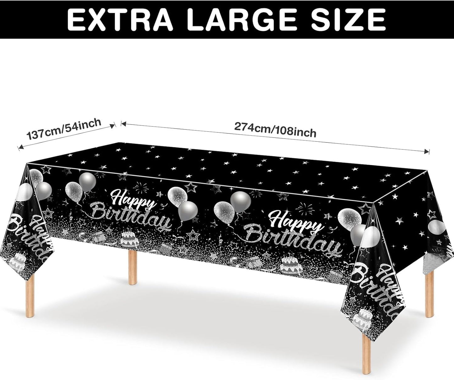Breling 3 Pack Birthday Party Supplies Confetti Sprinkles Happy Birthday Tablecloths Starry Table Covers for Kids Adults Party Decorations, 54 x 108 Inches (Black and Silver)