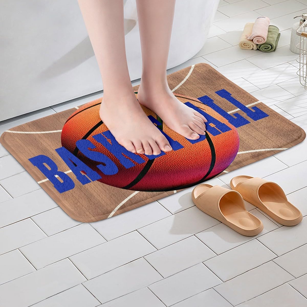 Feelyou Basketball Polyester Bath Rug Basketball Court Print Soft Fleece Door Carpet for Kids Boys Girls Orange Basketball Non Slip Bath Mat Ball Game Bathroom Floor Indoor Doormat,16x24 Inch