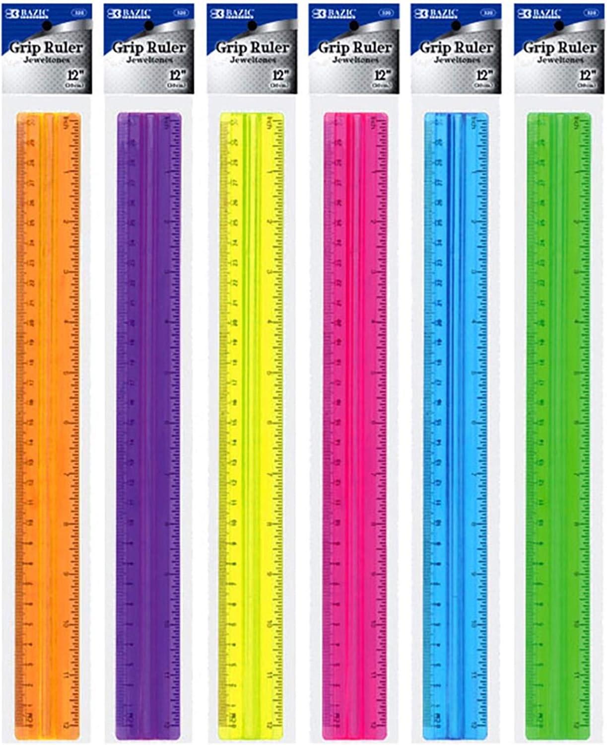 BAZIC Products Plastic Ruler 12" (30cm) w/Handle Grip, Inches Centimeter Metric Measuring Drafting Rulers, for Students School Supplies, Assorted Color, 6-Pack