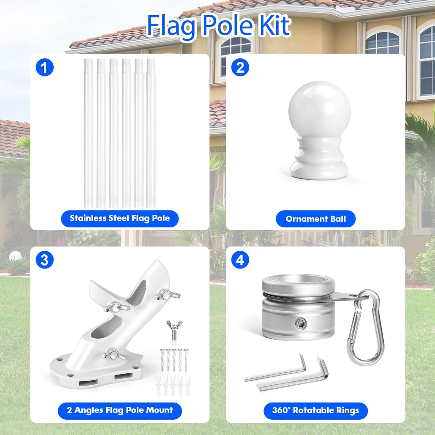 Anovo Flag Pole Kit- Stainless Steel 7 FT Flag Poles with1 Inch Metal 360° Rotating Flag Pole Rings Clip, Two-Position Flag Pole Holder Brackets Mounting for Outside House Outdoor Porch (7 FT - White)