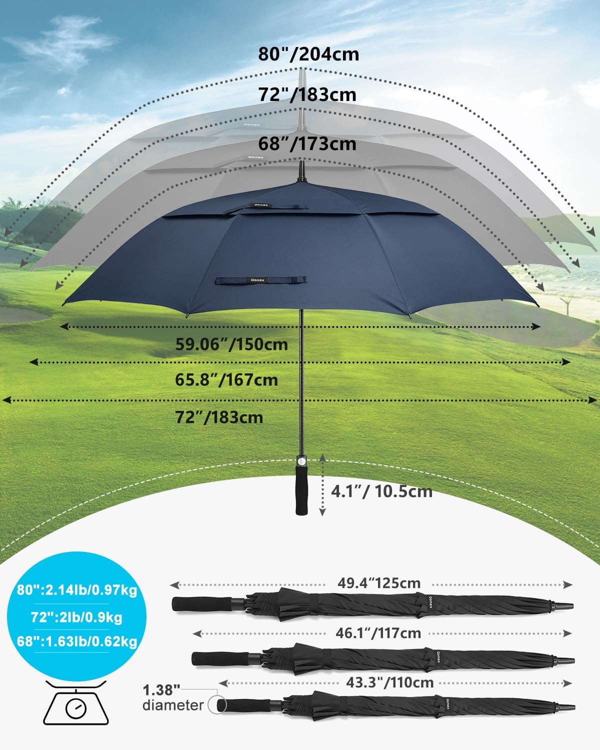 Gonex 54/62/68/72/80 Inch Extra Large Golf Umbrella, Automatic Open Travel Rain Umbrella with Windproof Water Resistant Double Canopy, Oversize Vented Umbrellas for 2-3 Men and UV Protection, Multiple Colors