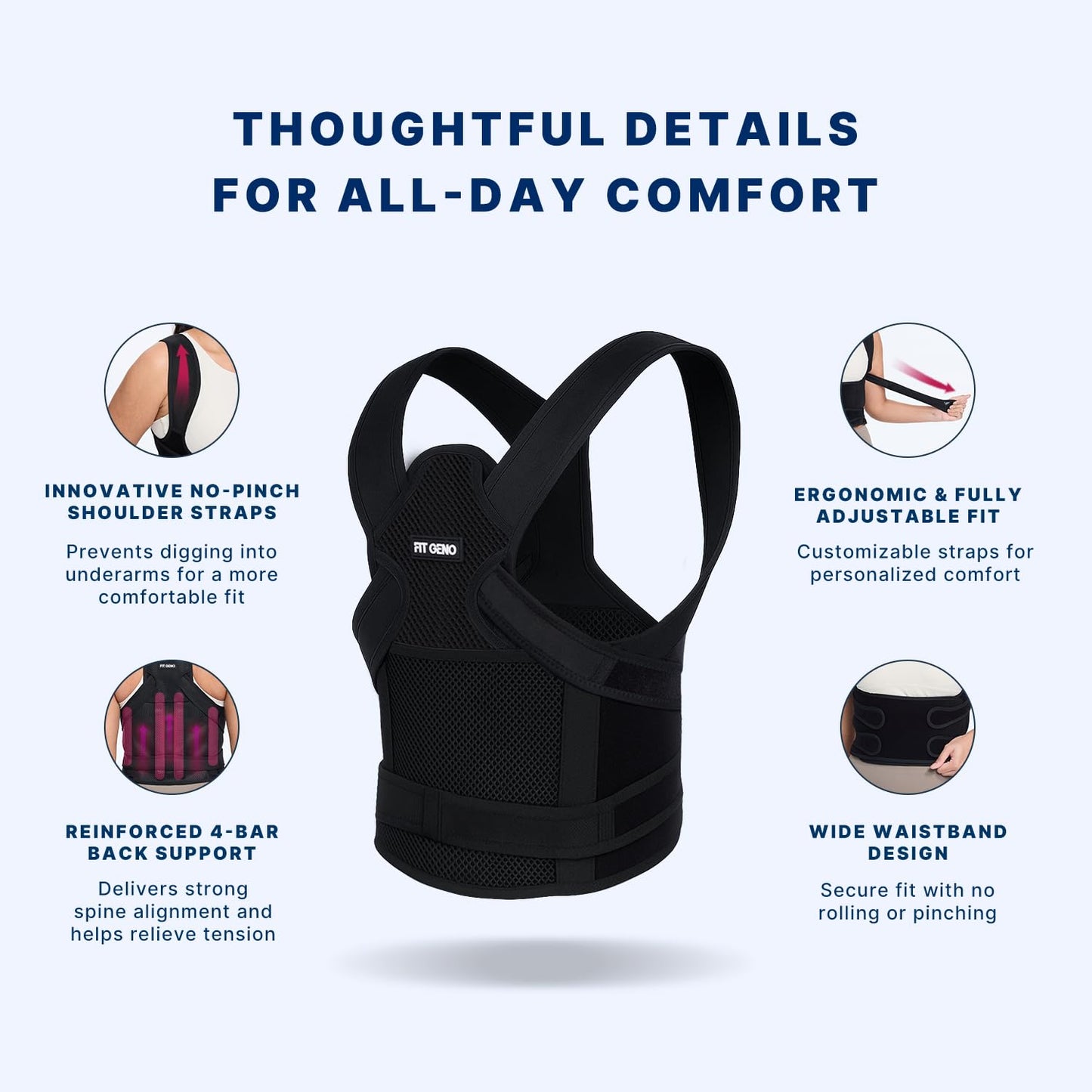 Fit Geno Posture Corrector for Women and Men - Adjustable Back Brace & Straightener for Scoliosis Hunchback Correction Back Pain Spine Corrector Back Support and Posture Trainer Large/X-Large