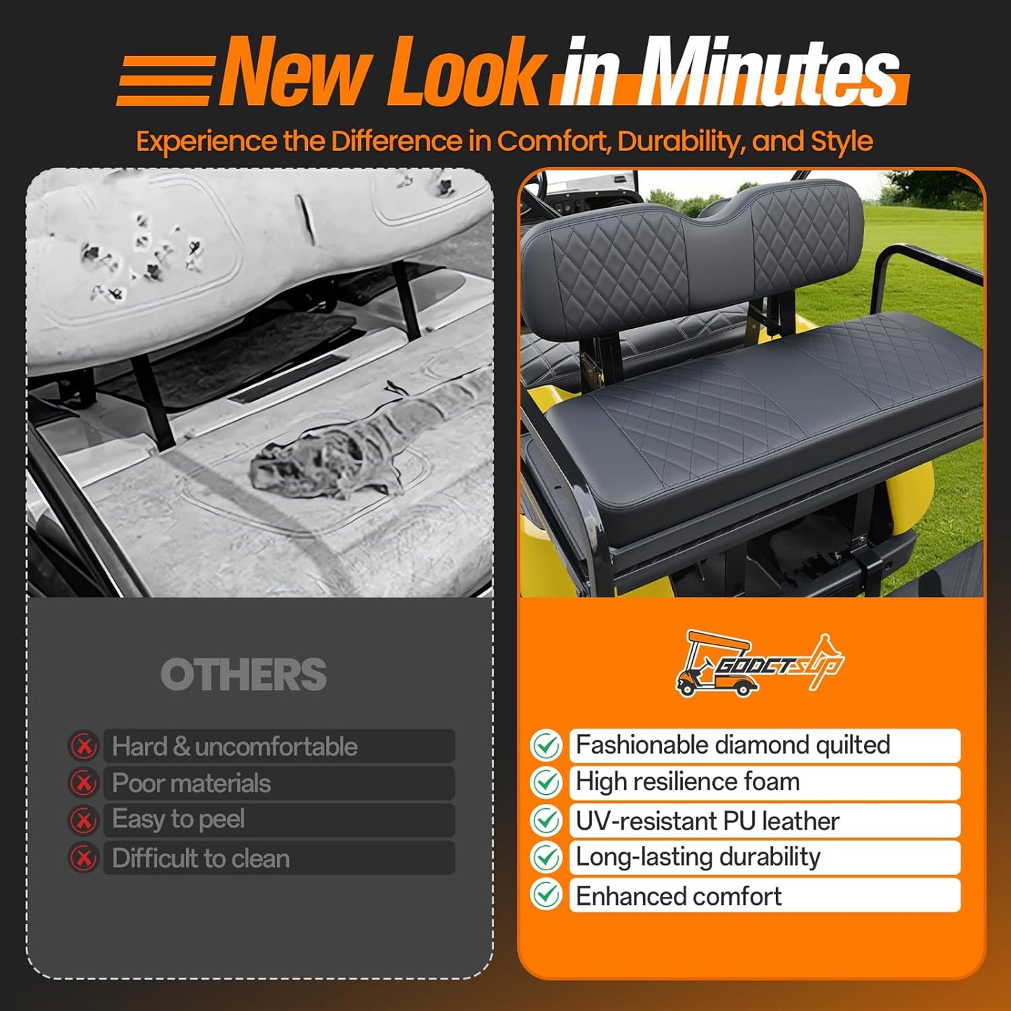 Golf Cart Rear Seat Replacement Cushion, Fits Club Car EZGO YAMAHA Rear Seat, Universal Golf Cart Back Seat Cushions Assembly- Includes Soft Seat Cushion and Back Cushion Set, Black