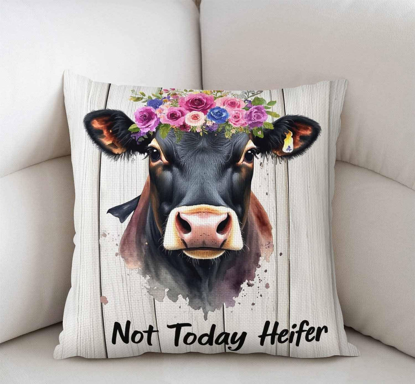 Funny Quote Decorative Throw Pillow Cover Case, Watercolor Flower Cow Pillow Cover, Not Today Heifer Cotton Linen Outdoor Pillow Cases Square Standard Cushion Covers for Sofa Couch Bed Car 18x18 inch