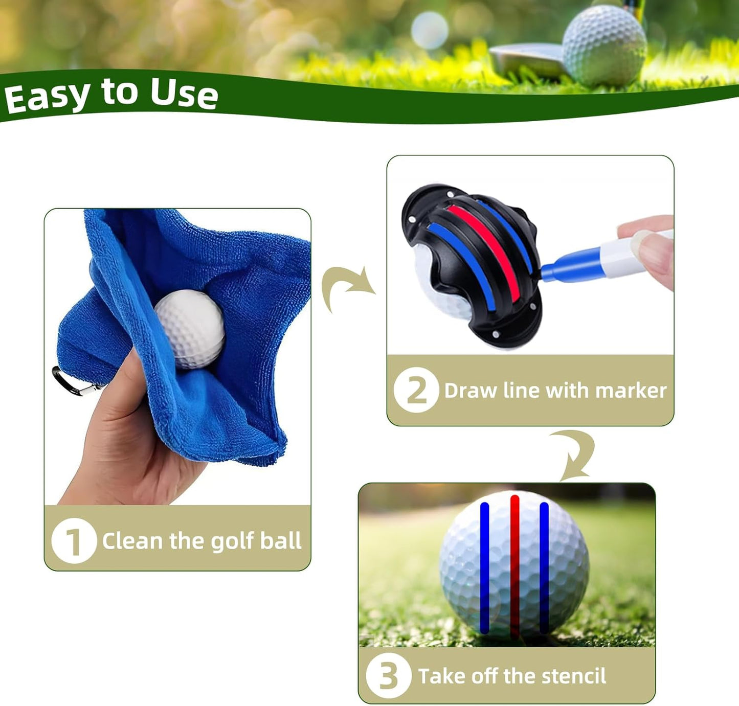 Golf Ball Marker Set with Carry Case, 3 Golf Ball Marking Stencils and 4 Color Golf Ball Markers, Golf Ball Marker Liner Marker, Golf Ball Alignment Marking Tool