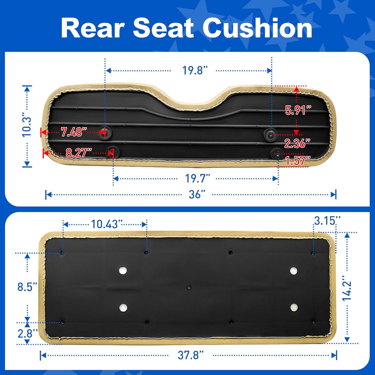 NOKINS Golf Cart Rear Seat Replacement Cushion, Universal Back Seat Cushions for Yamaha/EZGO TXT/RXV/Club Car Precedent/DS, Waterproof Vinyl Leather & Memory Foam, Buff