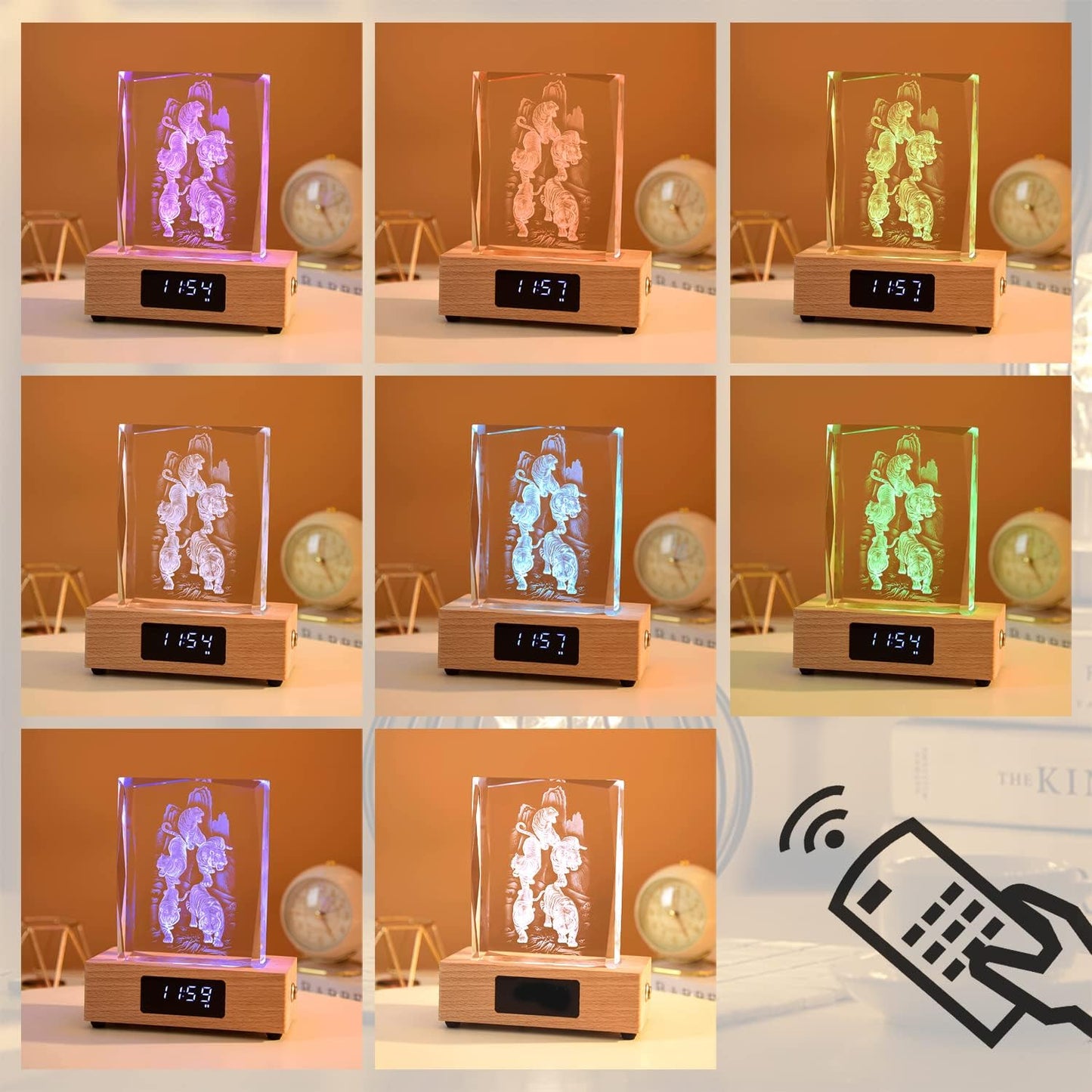 Crystal Print with Your Photo, Office Desk Decor Personalized Picture Gift Glass Clear Frame with Bluetooth Clock Colors LED Light Change Mood Light