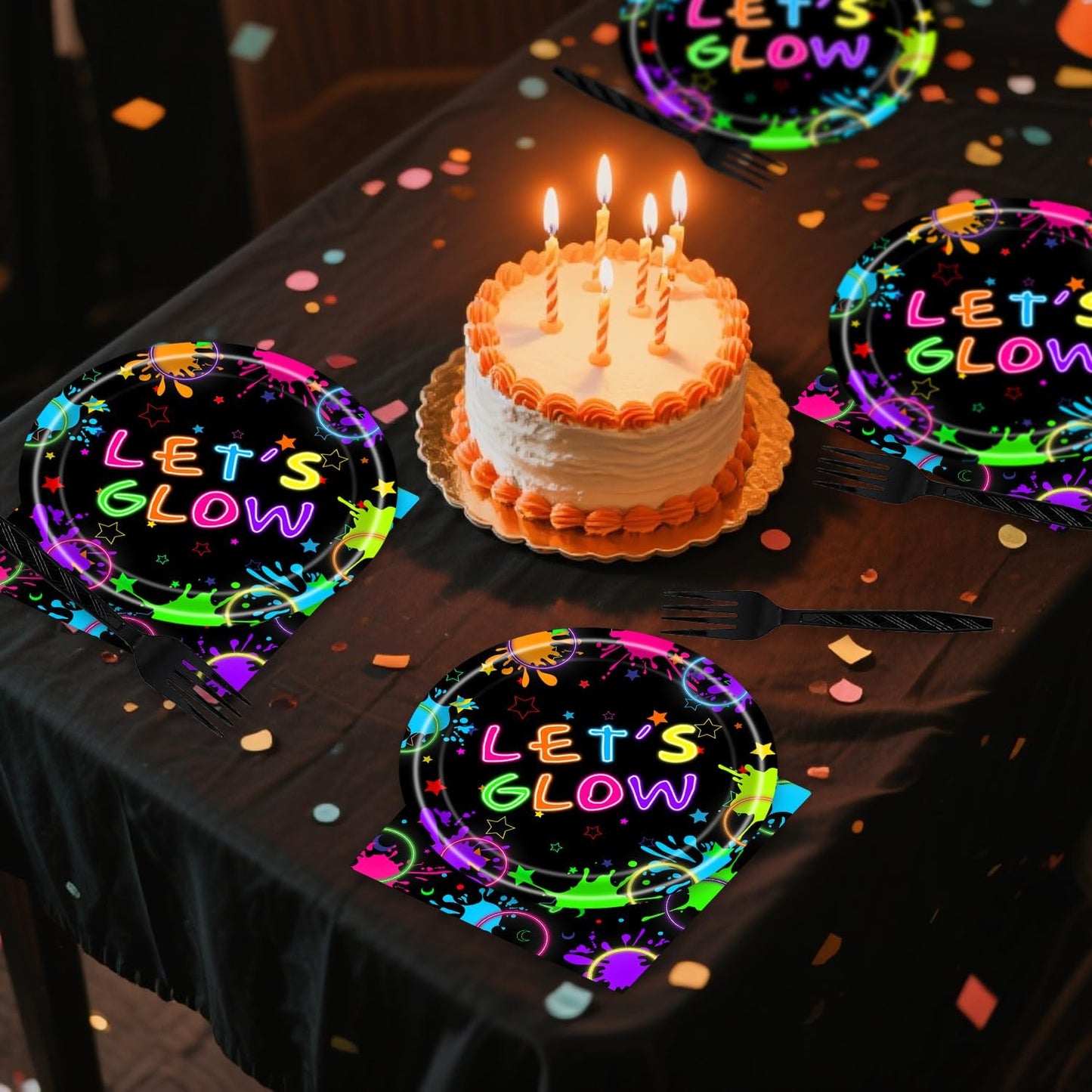 Neon Party Decorations 48Pcs Black Not Glow Birthday Plates and Napkins Sets Glow Party Supplies for Birthday Baby Shower Decorations Serve 16