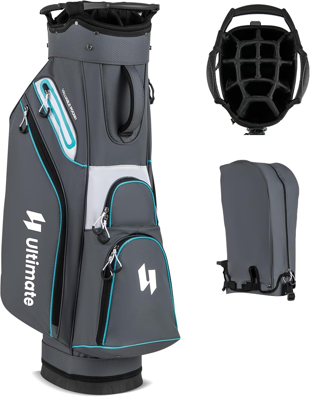 ULTIMATE Golf Cart Bag, Lightweight 14-Way Organizer Divider Top with 6 Pockets, Cooler Pocket, Rain Hood, Adjustable Shoulder Strap and Lift Handles, Portable Golf Club Bag for Men & Women