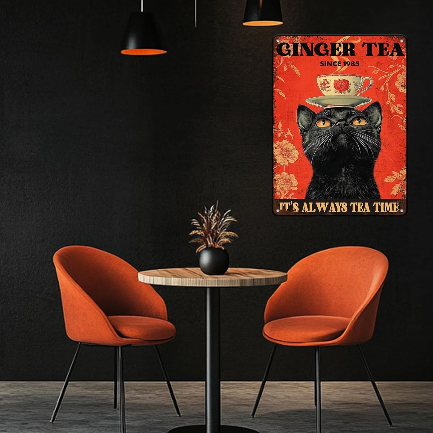 Funny Black Cat Tin Sign Ginger Tea It'S Always Tea Time Metal Sign Wall Decor For Home Cafe Bar Kitchen Poster 12x16 Inch