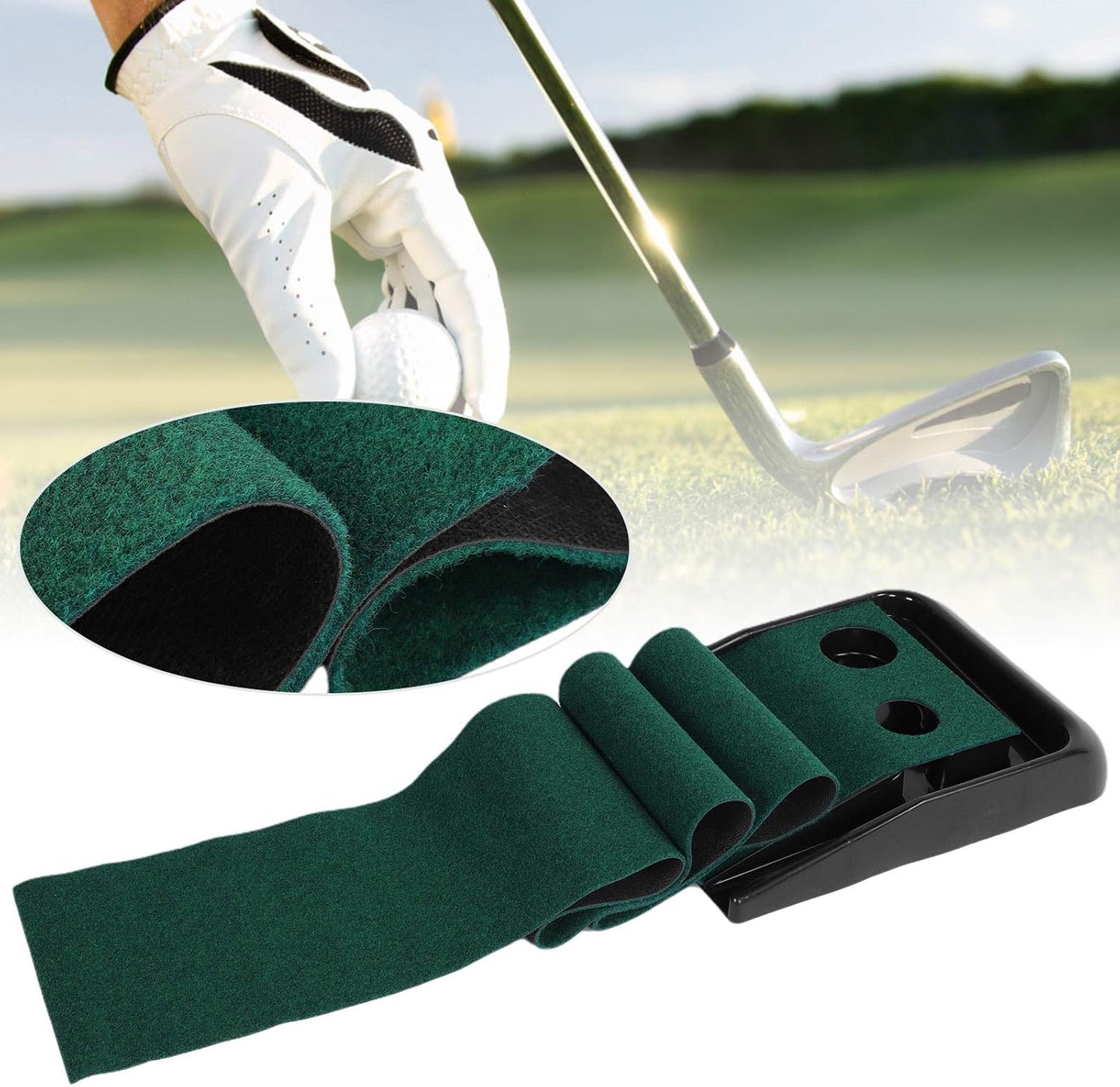 Golf Putting Trainer Mat Foldable Indoor Outdoor Practice Green Fairway Pad with Automatic Ball Return Slope for Home Office Balcony Grass 2.5M Length Flocking Blanket Material