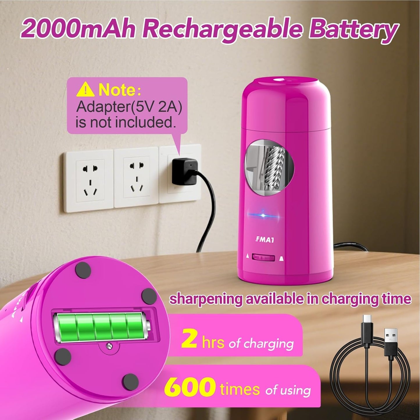 AFMAT Electric Pencil Sharpener, Rechargeable Fully Automatic Pencil Sharpener for Jumbo & Colored Pencils (7-11.5mm), Auto in/Out, Hands-Free, Portable for Home/Classroom/Office PSX6(Purple)