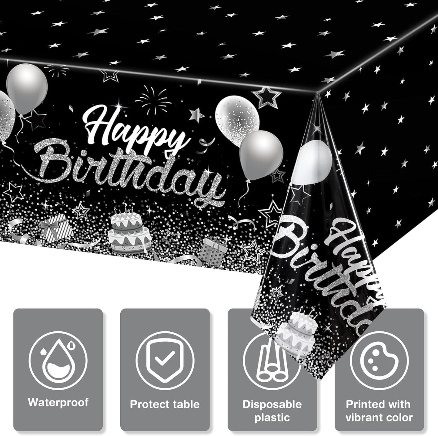 Breling 3 Pack Birthday Party Supplies Confetti Sprinkles Happy Birthday Tablecloths Starry Table Covers for Kids Adults Party Decorations, 54 x 108 Inches (Black and Silver)