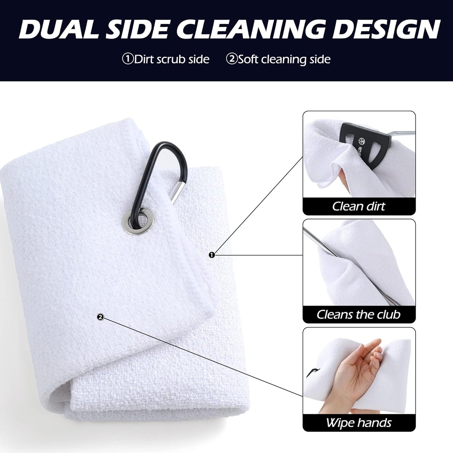 Mile High Life Tri-Fold Golf Towel, 2-in-1 Club & Ball Cleaner, Scratch-Free Scrubbing Side + Ultra-Soft Microfiber, Heavy-Duty Clip, Quick-Dry