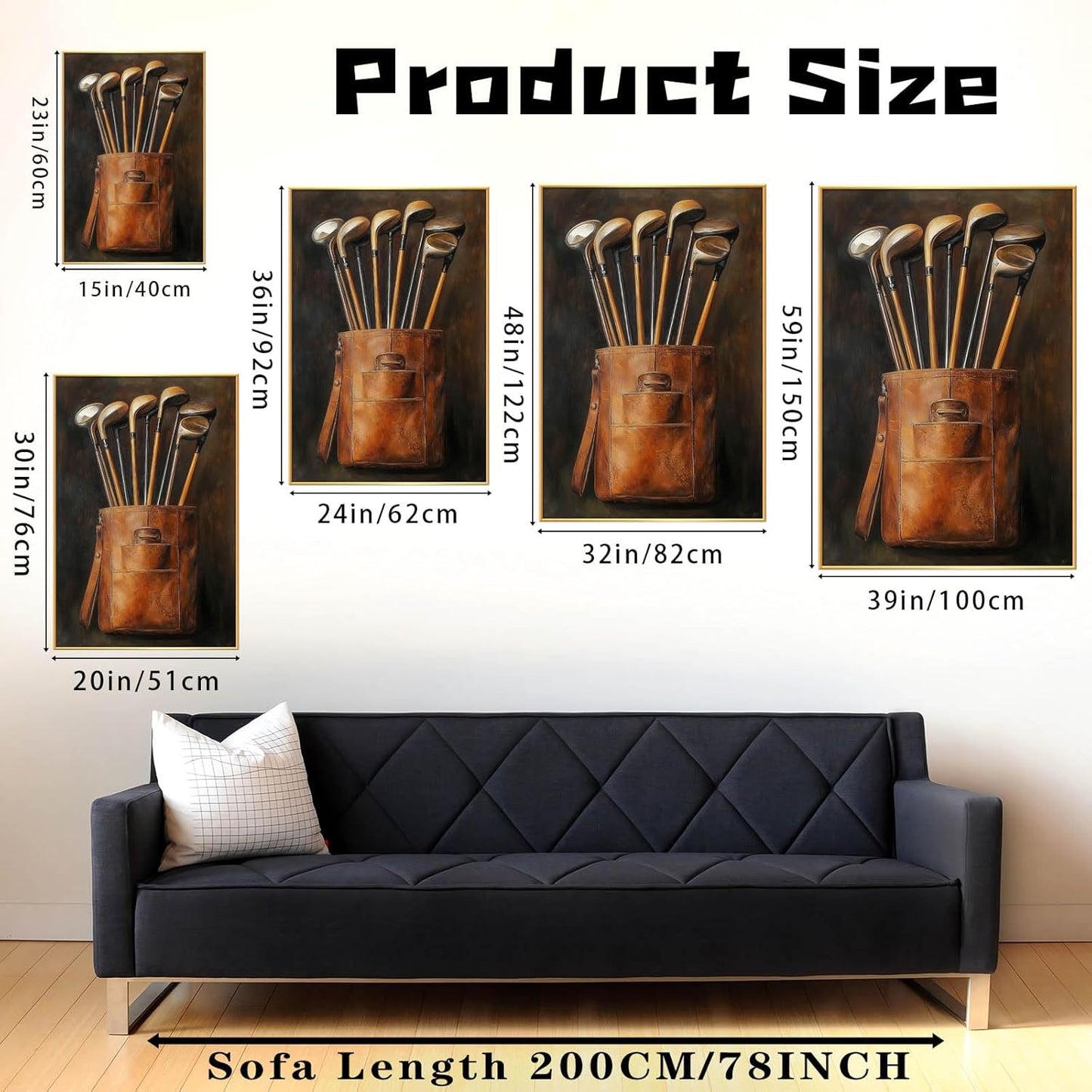 Golf Canvas Wall Art, Golf Canvas Prints, Vintage Wall Decor, Vintage Golf Clubs Living Room Wall Art, Man Cave Decor, Vintage Paintings with Frame, Golf Gift for Men (Gold Framed, 24"x36"|62x92cm)
