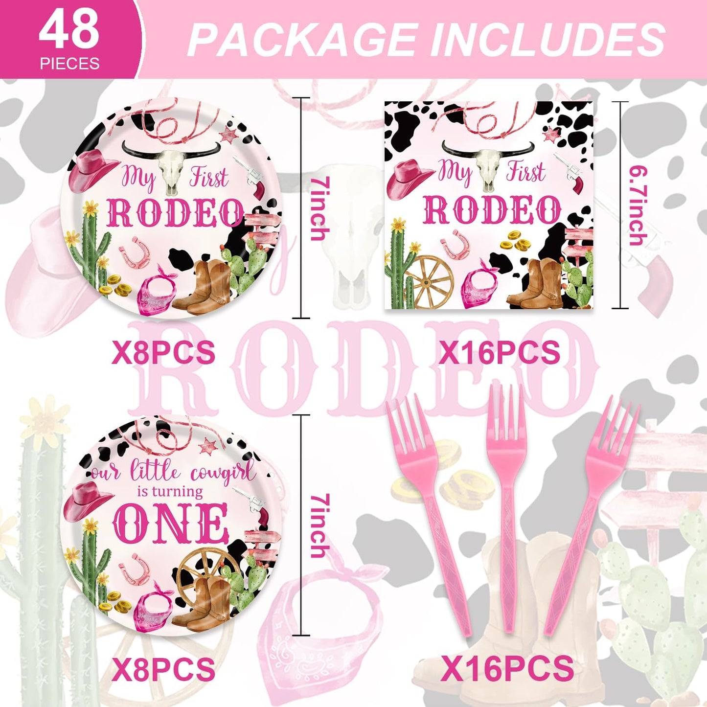 48Pcs My First Rodeo Decorations Girl Western Cowgirl Party Supplies Disposable Pink Cowgirl 1st Birthday Plates Napkins Forks Serves 16 Cowgirl Birthday Party Decorations