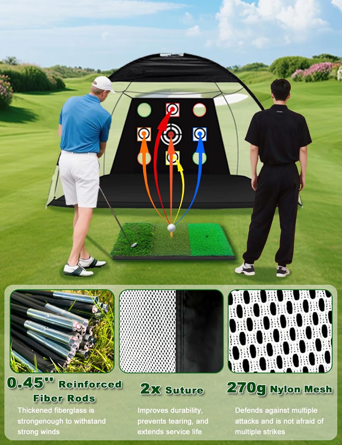 Golf Practice Net and Mat, 10x7FT Golf Net with Tri-Turf Mat & 10 Balls, Hitting Aid Nets for Backyard Driving Chipping Training Swing with Target Mat Balls for Outdoor Indoor, Gifts for Men/Dad/Him