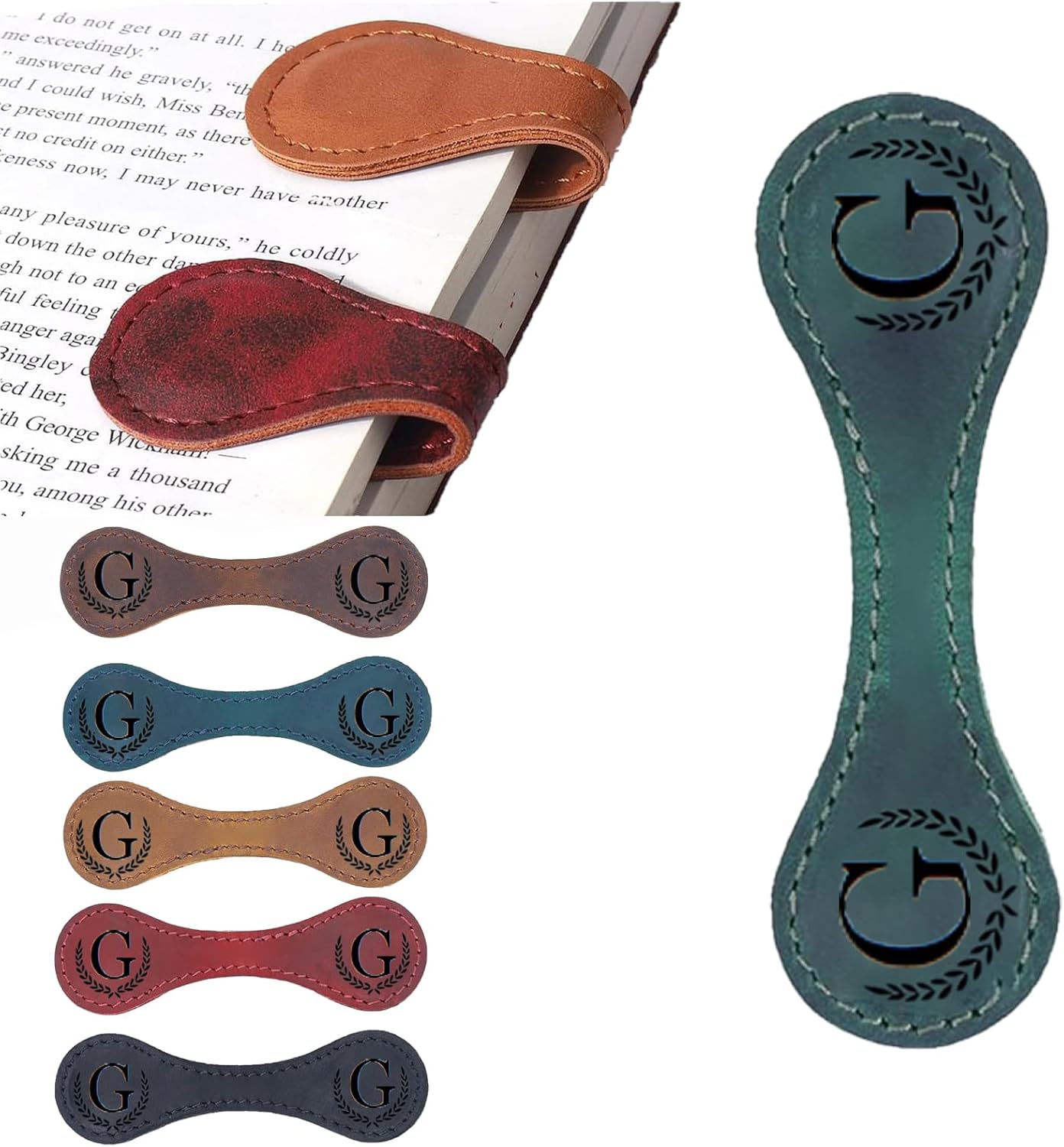 Artlaza Personalized Magnetic Leather Bookmark, 26 Letters Custom Leather Bookmarks, Handmade, Leather Magnetic Bookmark for Book Lovers Readers Women Kid(Greenï¼ŒGï¼‰