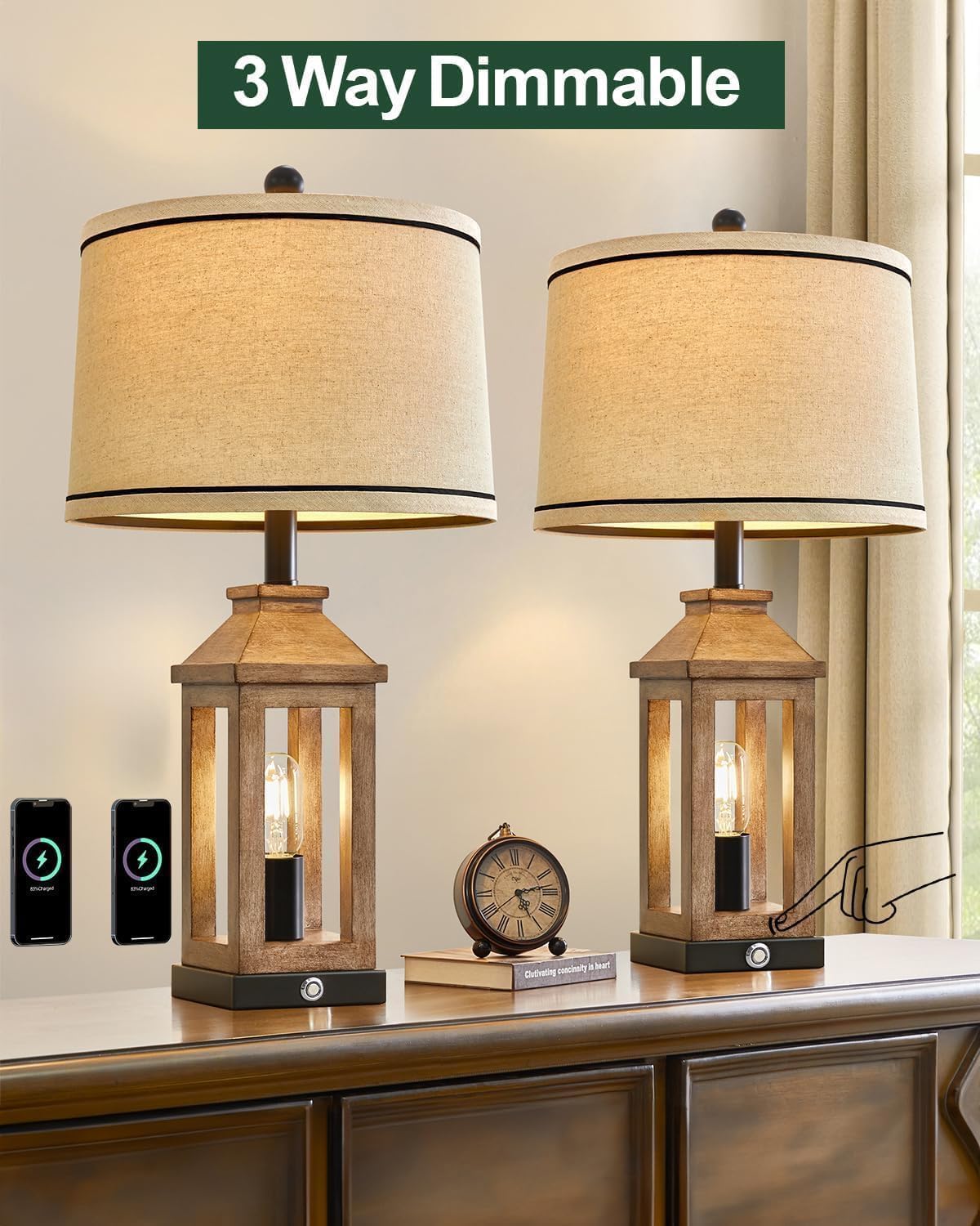 23.75" Farmhouse Dual USB Charging Ports 3-Way Dimmable Touch Control Table Lamp with Nightlight Vintage Modern Lamps for Living Room Bedroom