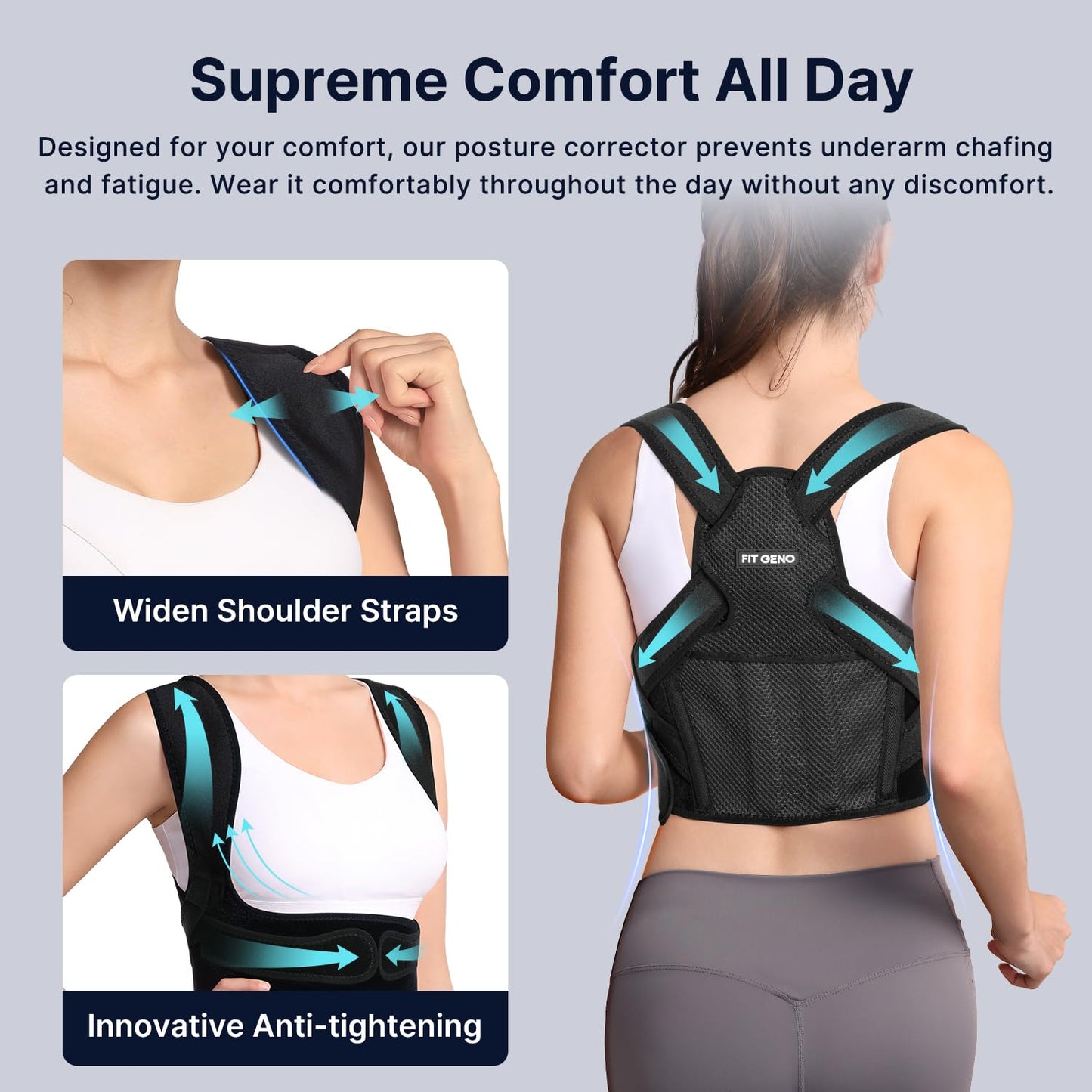Fit Geno Posture Corrector for Women & Men: Adjustable Lightweight Upper Back Brace for Neck Shoulder & Upper Back Pain Relief - Improve Posture Correct Hunchback Slouching Invisible Under Clothes (M/L Under Bust 35" - 47")