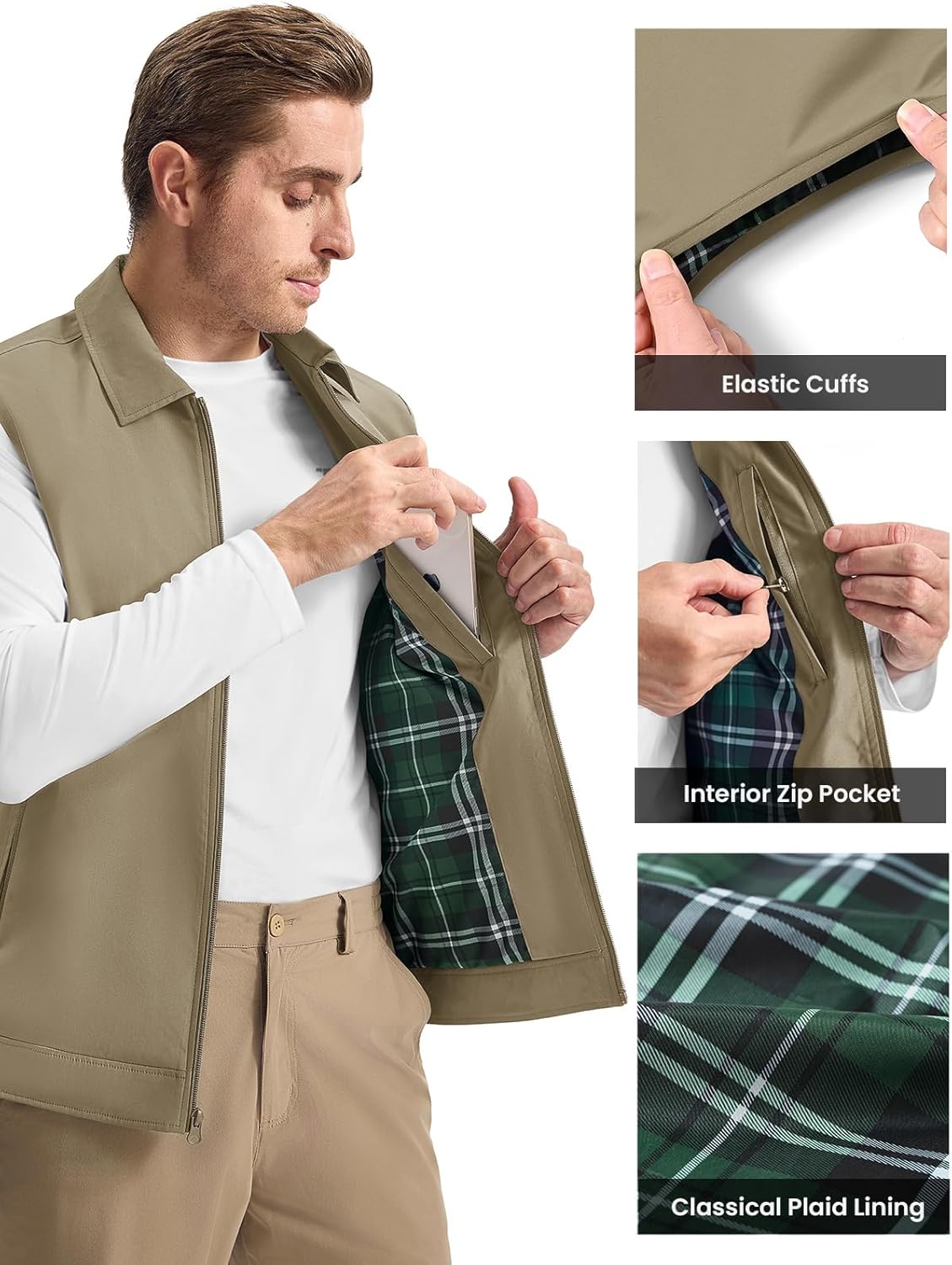 Rdruko Men's Golf Vest Lightweight Outerwear Windproof Water Resistant Grid Lining Vest with Zipper Pockets for Casual