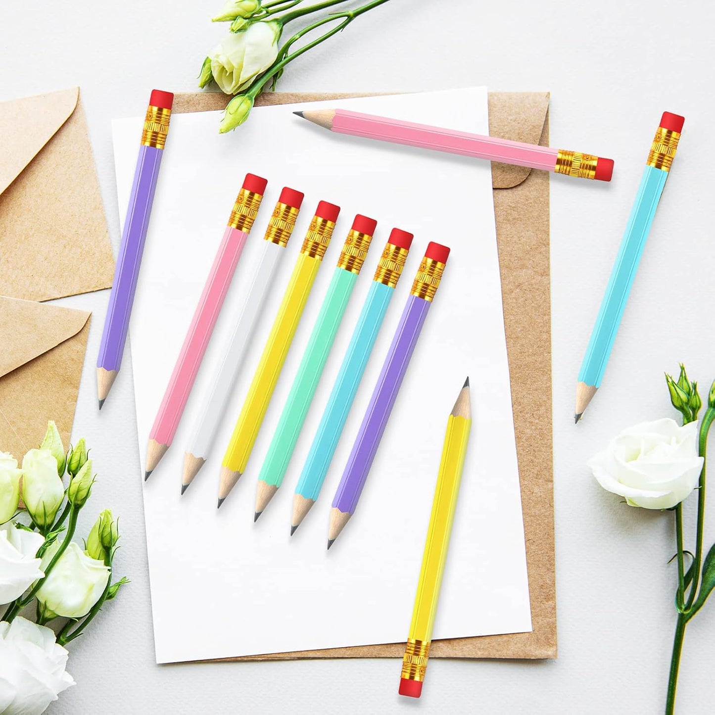 Zonon 48 Pieces Golf Pencils Mini Half Pencils with Eraser Short with Erasers Bulk Small for Kids HB Wedding Bridal School Office Writing Drawing Pocket(Pink, Yellow, Purple, Blue, White, Green)