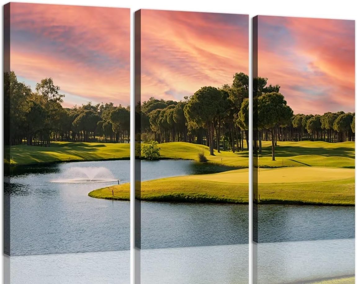 Sunset Golf Course Canvas Wall Art for Living Room Bedroom Bathroom Home Decorations Golf Wall Decor for Office Framed Artwork Canvas Prints Ready to Hang(14''W x 28''H x3)
