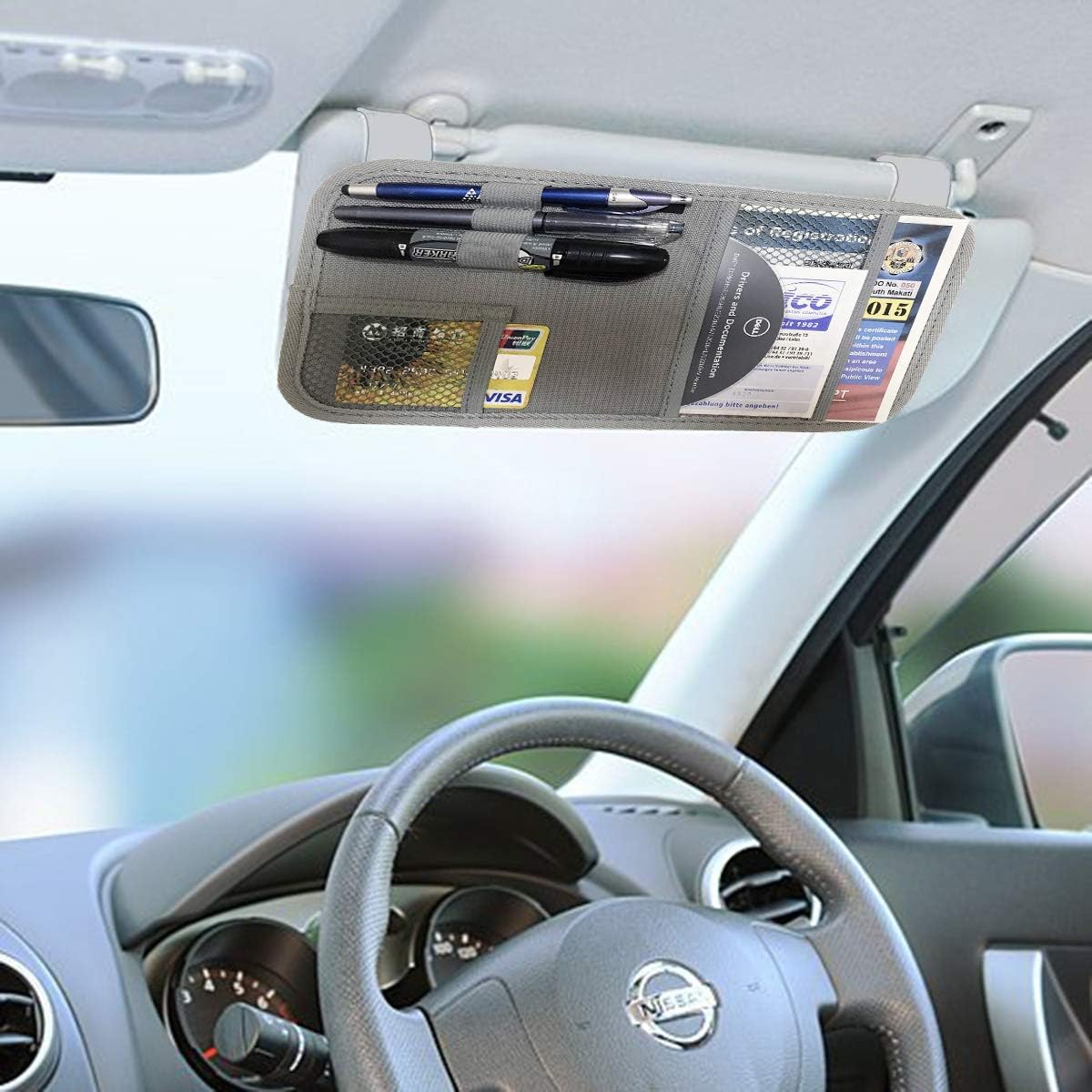 ZugGear Car Sun Visor Organizer, Auto Visor Holder Interior Accessories Pocket Organizer - Car Registration Holder Document Storage Pouch Pen holder - Grey