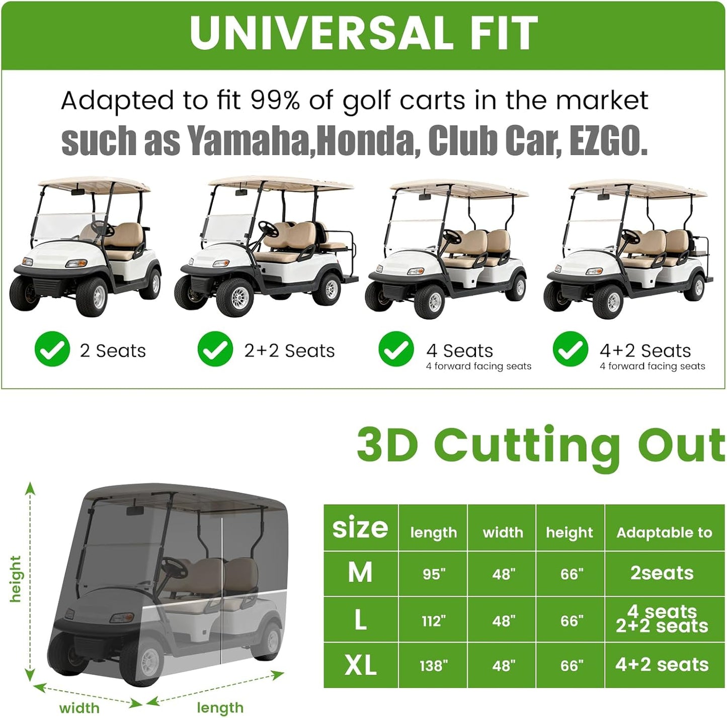 Waterproof Golf Cart Cover - Heavy Duty 420D Oxford Fabric, Universal Fit for 4+2 Passenger Yamaha/Club Car/EZGO, All-Weather Protection