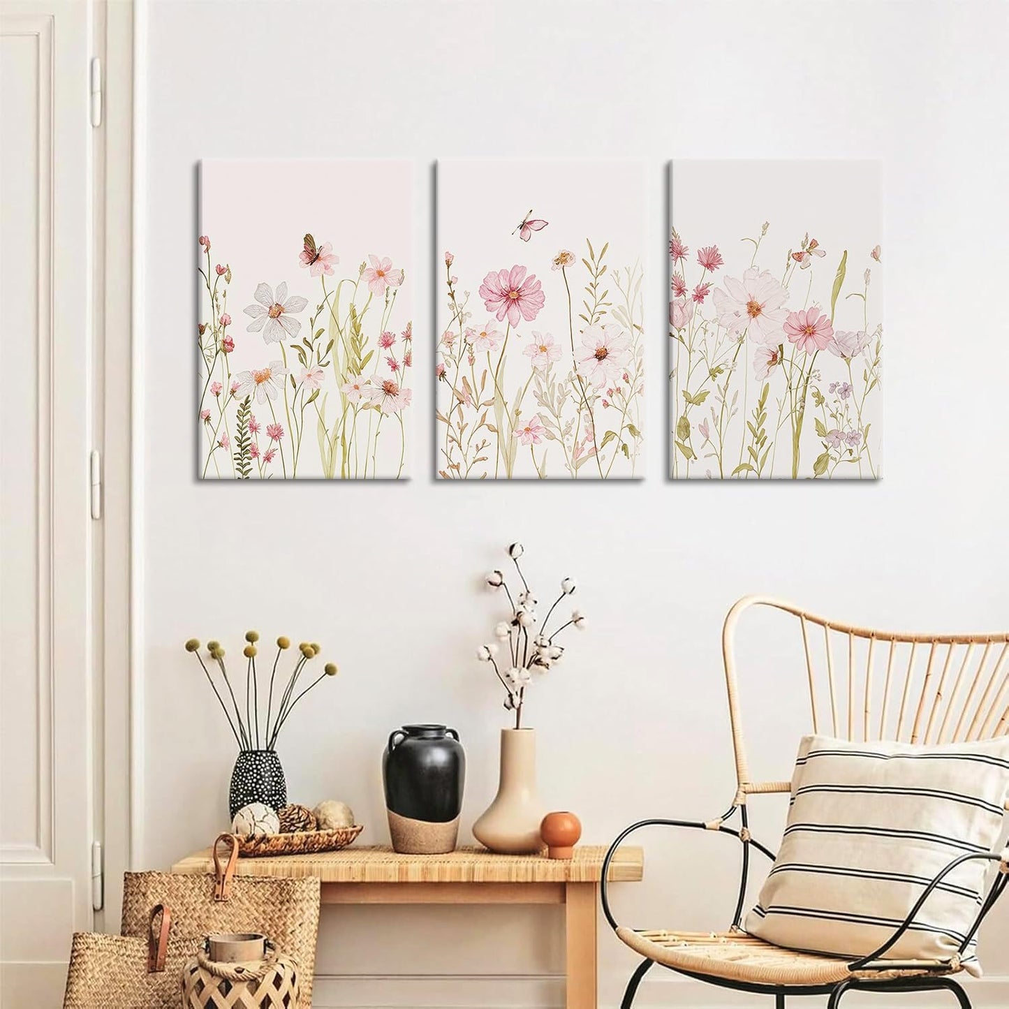 MTFBWY Floral Canvas Wall Art Flower Framed Art Prints Set of 3 Pink Wildflower Printing Botanical Nursery Pictures Wall Decor Artwork for Living Room Bedroom Bathroom 12x16in