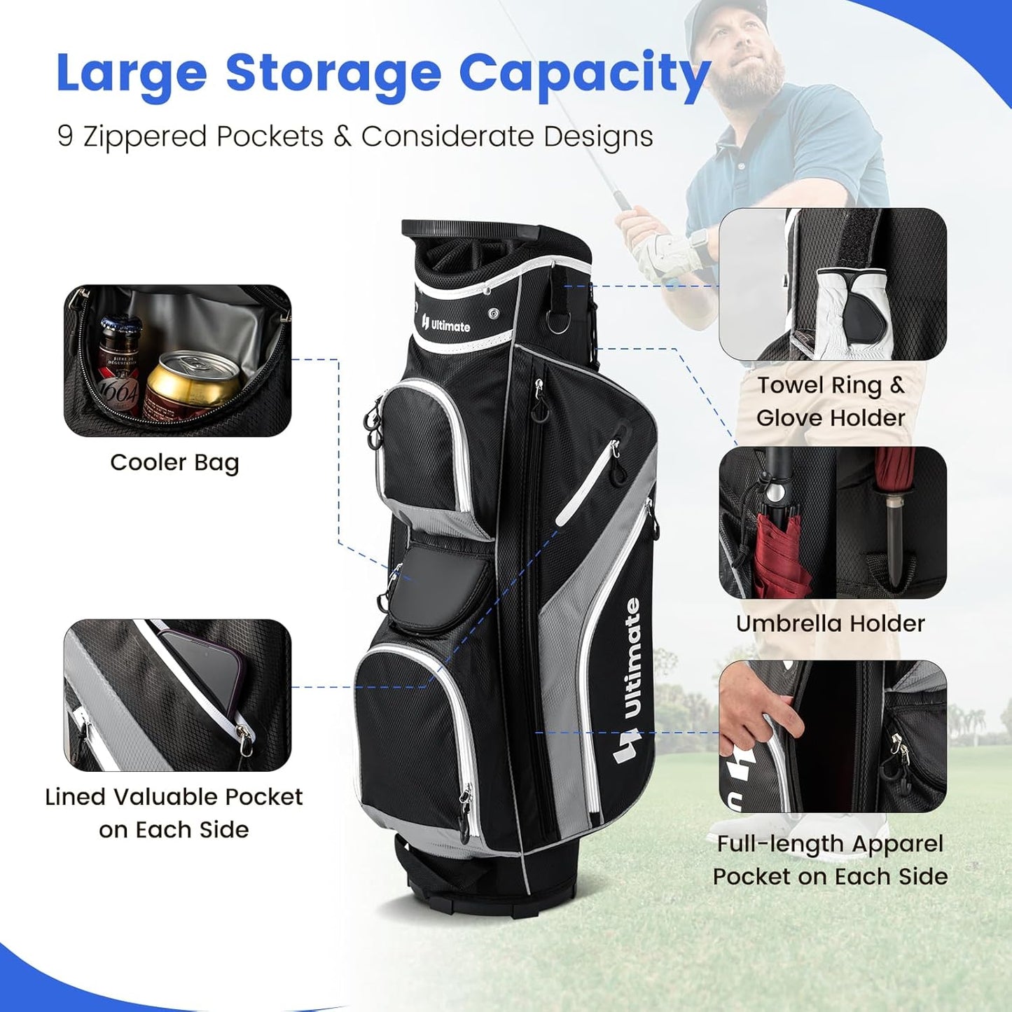 Tangkula Golf Cart Bag with 14 Way Top Dividers, Lightweight Golf Club Cart Bag with 9 Pockets, Cooler Bag, Umbrella Holder, Dual Strap & Rain Hood, Portable Golf Carry Bag for Men & Women