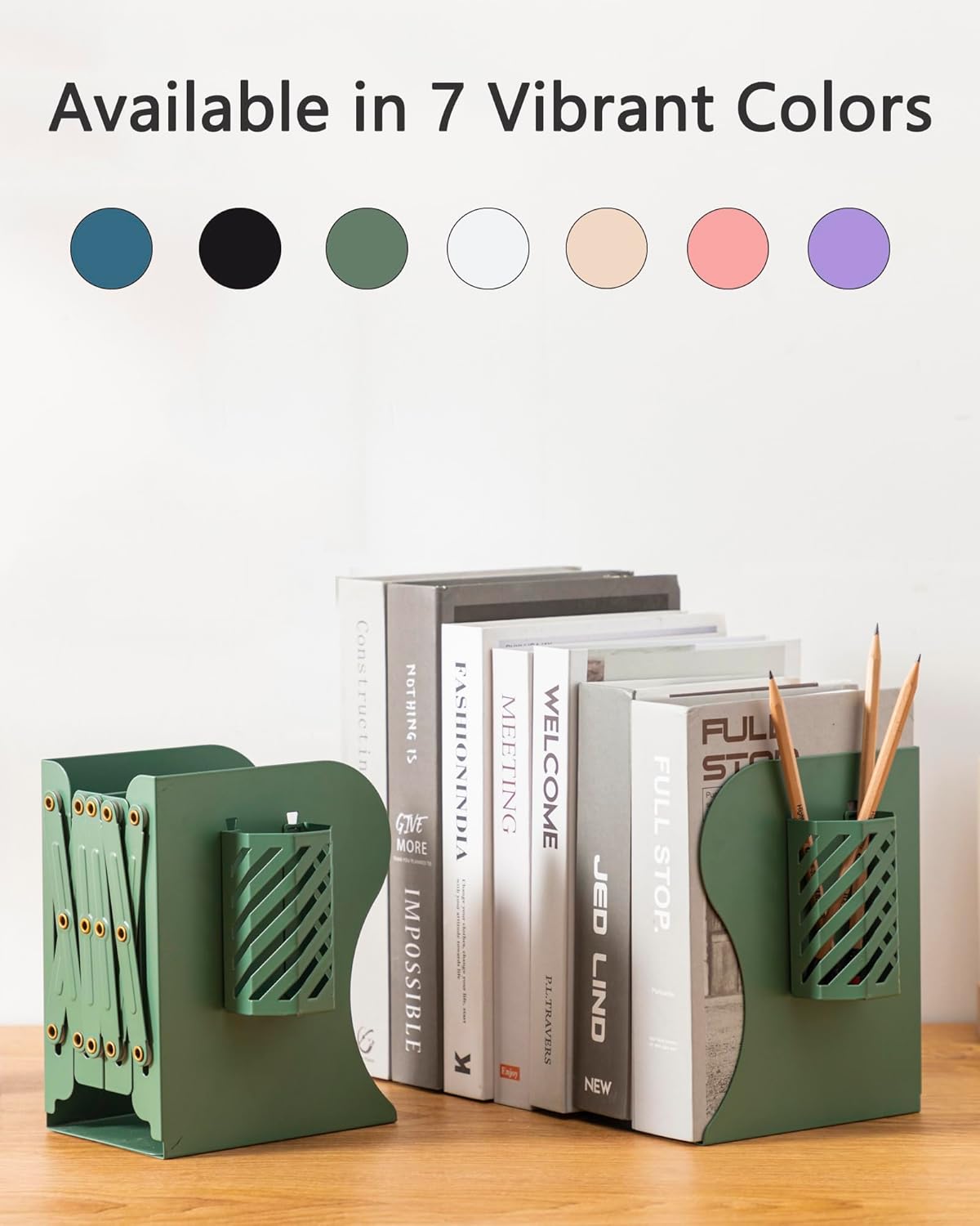 Kingsmile Book Ends, Adjustable Bookends for Shelves, Metal Bookends for Heavy Books, Book Stopper Organzier with Pen Holder for Desk, Kids Room, Office, Classroom, Library, Study Room.(Green)