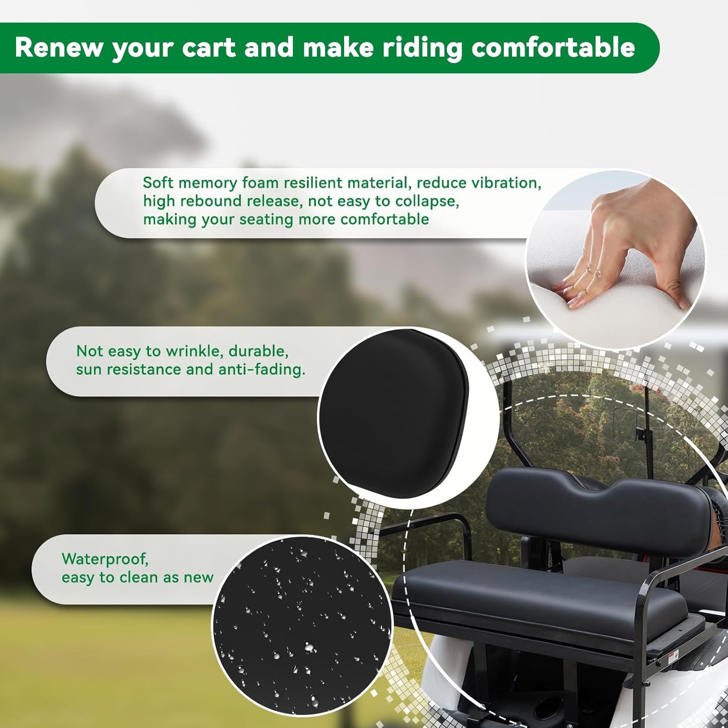Golf Cart Universal Rear Replacement Cushions for EZGO/Club Car/Yamaha Aftermarket Flip Rear Seat Kit, Black,2 Piece Set