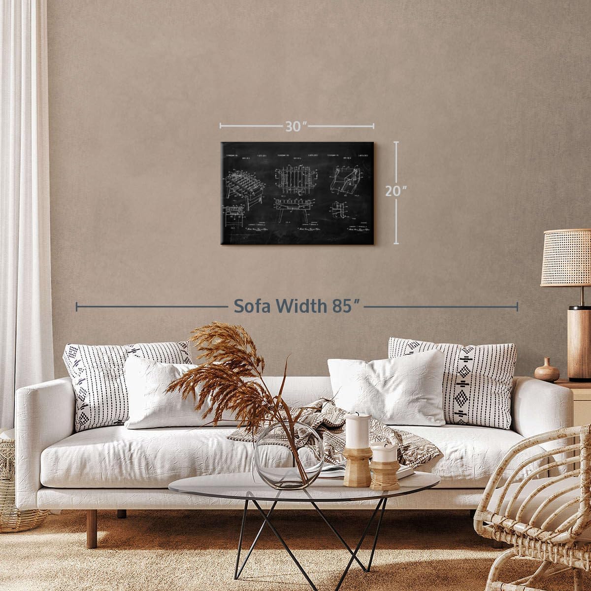 ElephantStock Soccer Table BW Patent Wall Art - Horizontal Wrapped Canvas - 1-Piece Living Room Wall Decor - Soccer Digital Art Canvas Print - Black and White Decor - 30" X 20"