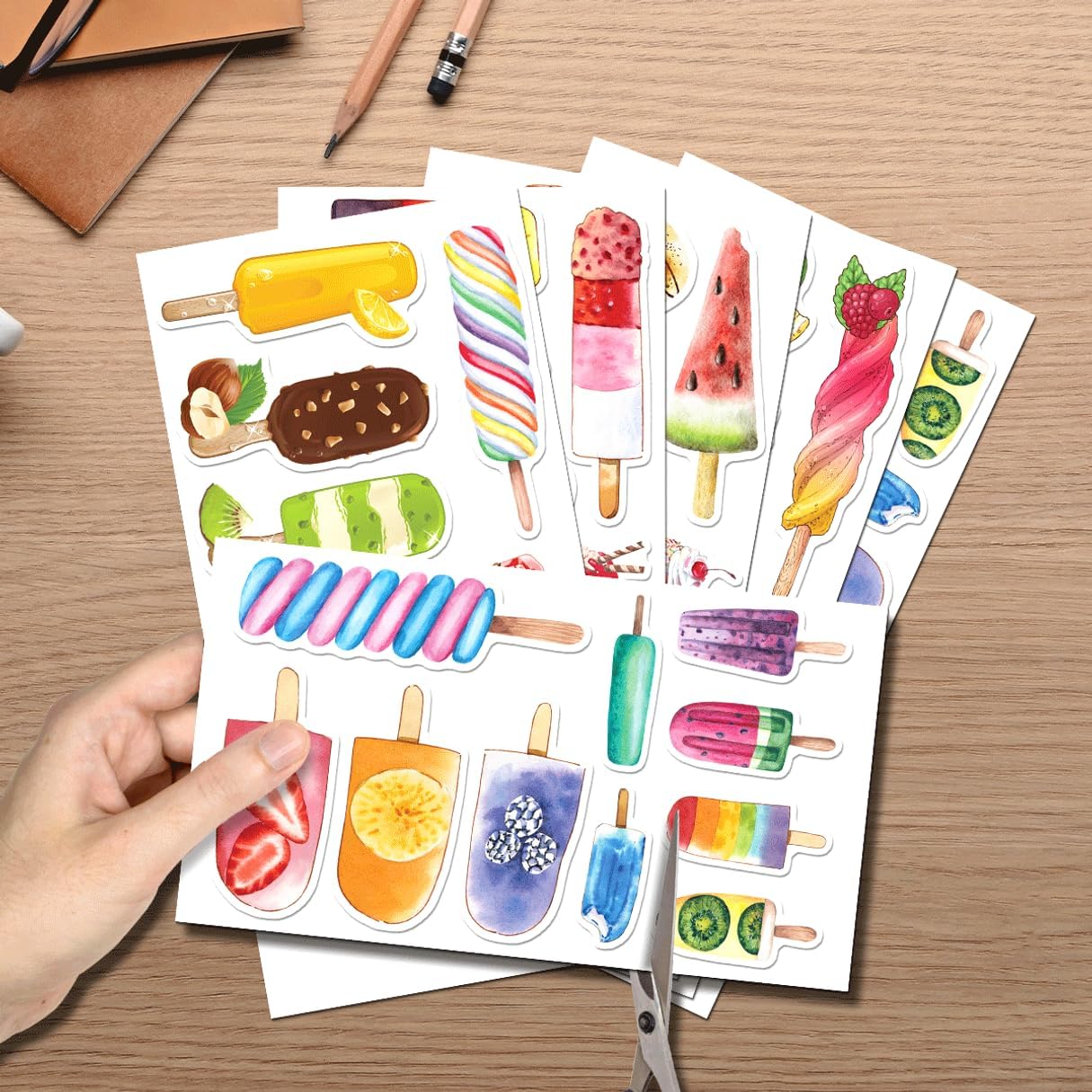 Colorful Ice Cream Popsicle Treats Illustration Vinyl 50pcs Stickers Pack for Kids Teens Scrapbooking Laptop Water Bottle Journaling Wall Decoration Phone Case Bike