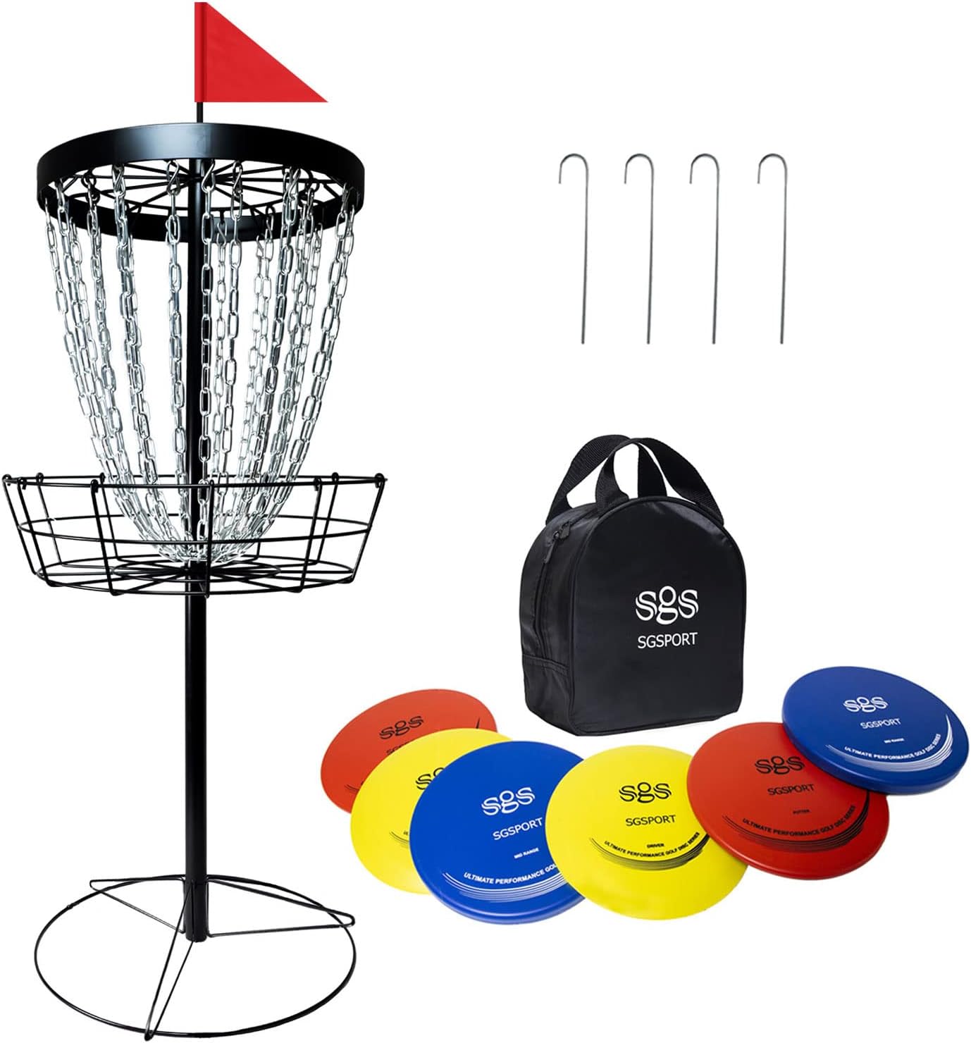 Disc Golf Basket - Portable Disc Golf Target with Heavy Duty 24-Chains Come with 6pcs Disc Golf Discs and Carry Bag, Ground Stake -Suitable for Players of All Levels - Multi Color Available