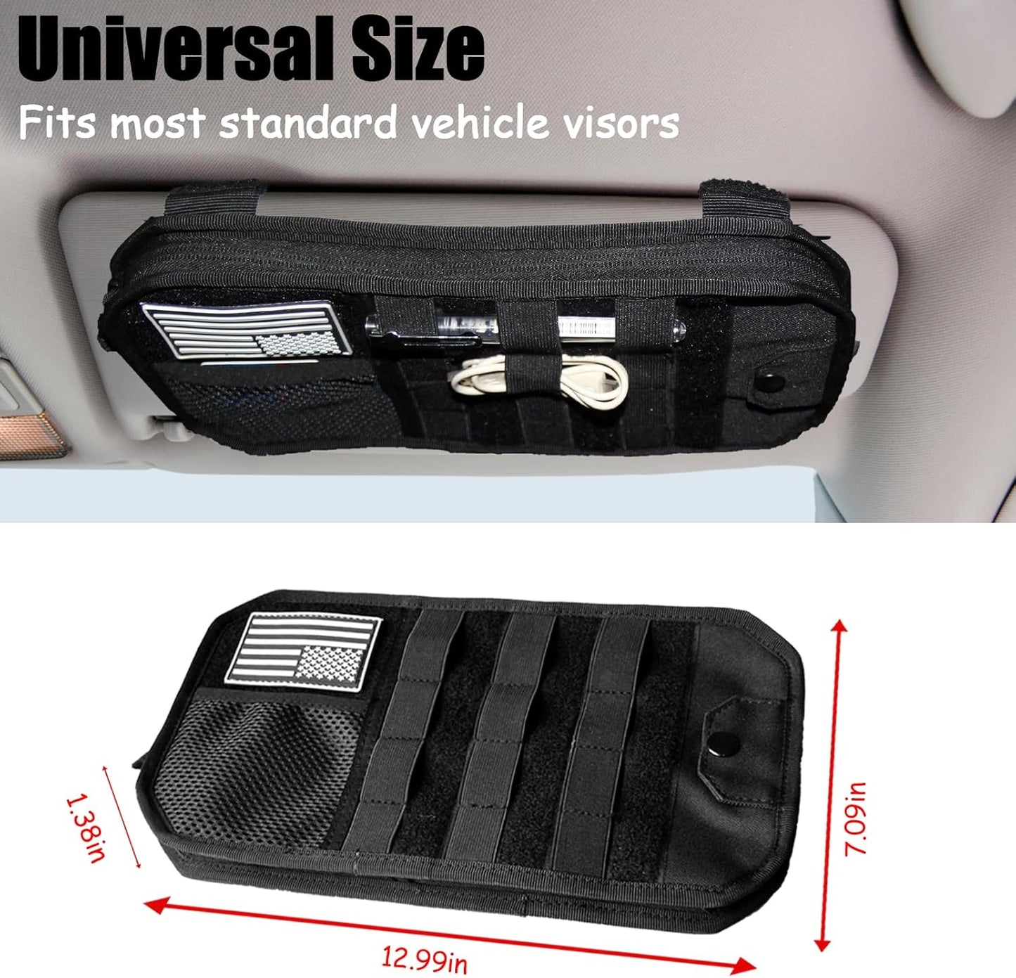 Tactical Sun Visor Organizer for Cars,Police Gear Truck Accessories with Zippered Storage Pouch, MOLLE Panel,Sunglasses holder Clip,Pens,Tools, Universal Fit for Trucks SUVs Police Patrol Cars