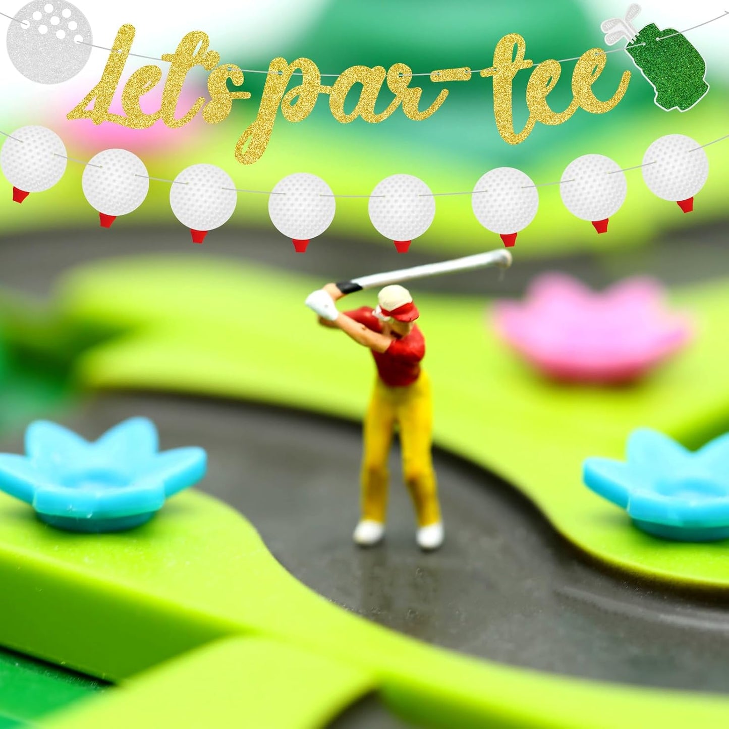 Colarr 5 Pcs Golf Themed Birthday Banner Let's Par-tee Garland Retirement Party Banner Glitter Golf Ball Club Cutouts Decorations Supplies Green Hanging Decor for Photo Props Birthday Party