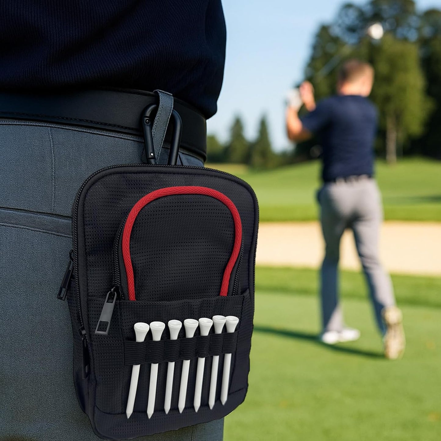 Tactical Golf Valuables Pouch with Clip-On Carabiner – Water-Resistant Golf Tee Bag Pouch for Belt, Cart or Backpack – Compact Golf Accessory Bag for Balls, Tees, Gloves & EDC Gear Black/Red