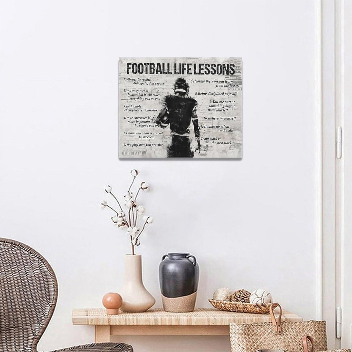 Sports Wall Art Football Life Lessons Wall Decor Retro Poster Boy Men Room Motivational Decorations Canvas Print Painting Artwork for Bedroom Bathroom Living Room 20"x16"