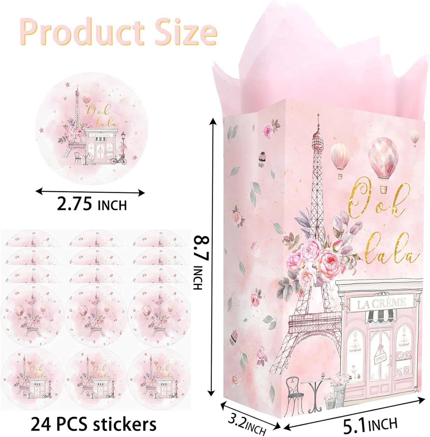 Outego 24 Paris Party Favor Bags with Stickers Paris Goodie Bags Paris Party Favors for Kids Paris Themed Birthday Party Supplies
