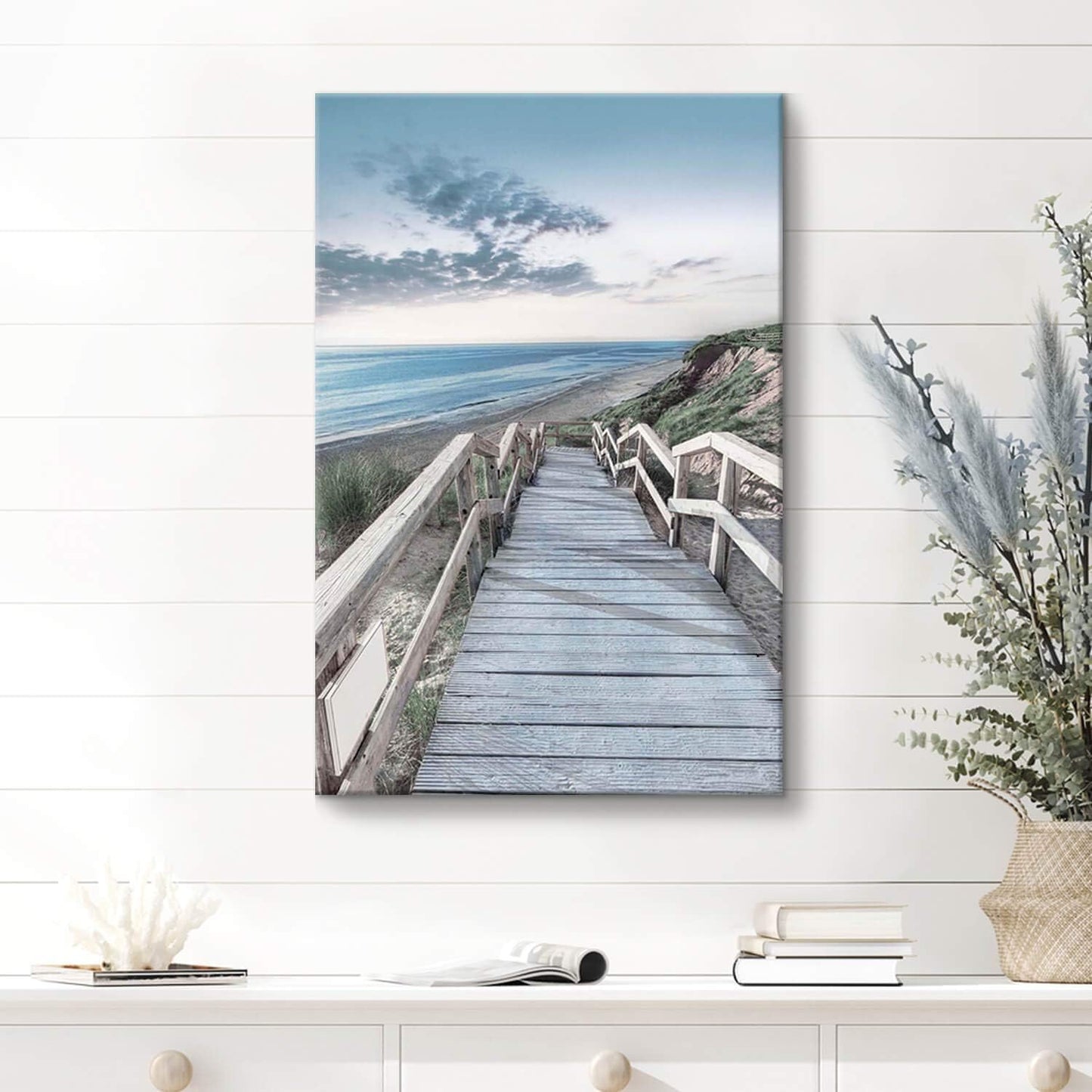 Hardy Gallery Coastal Wall Decor Beach Picture: Seaside Wooden Path Wall Art Bridge Boardwalk Stair Graphic Art on Wrapped Canvas Artwork for Living Room 45"x30"