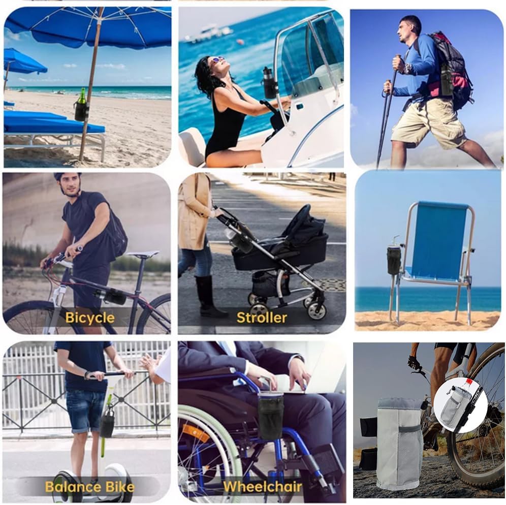 [2 Pack] Cup Holder for Bike,Scooter and Wheelchair,Water Bottle Holder for Walker,Golf Cart and Beach,Universal Drink Holder Accessories with Net Pocket and Cord Lock